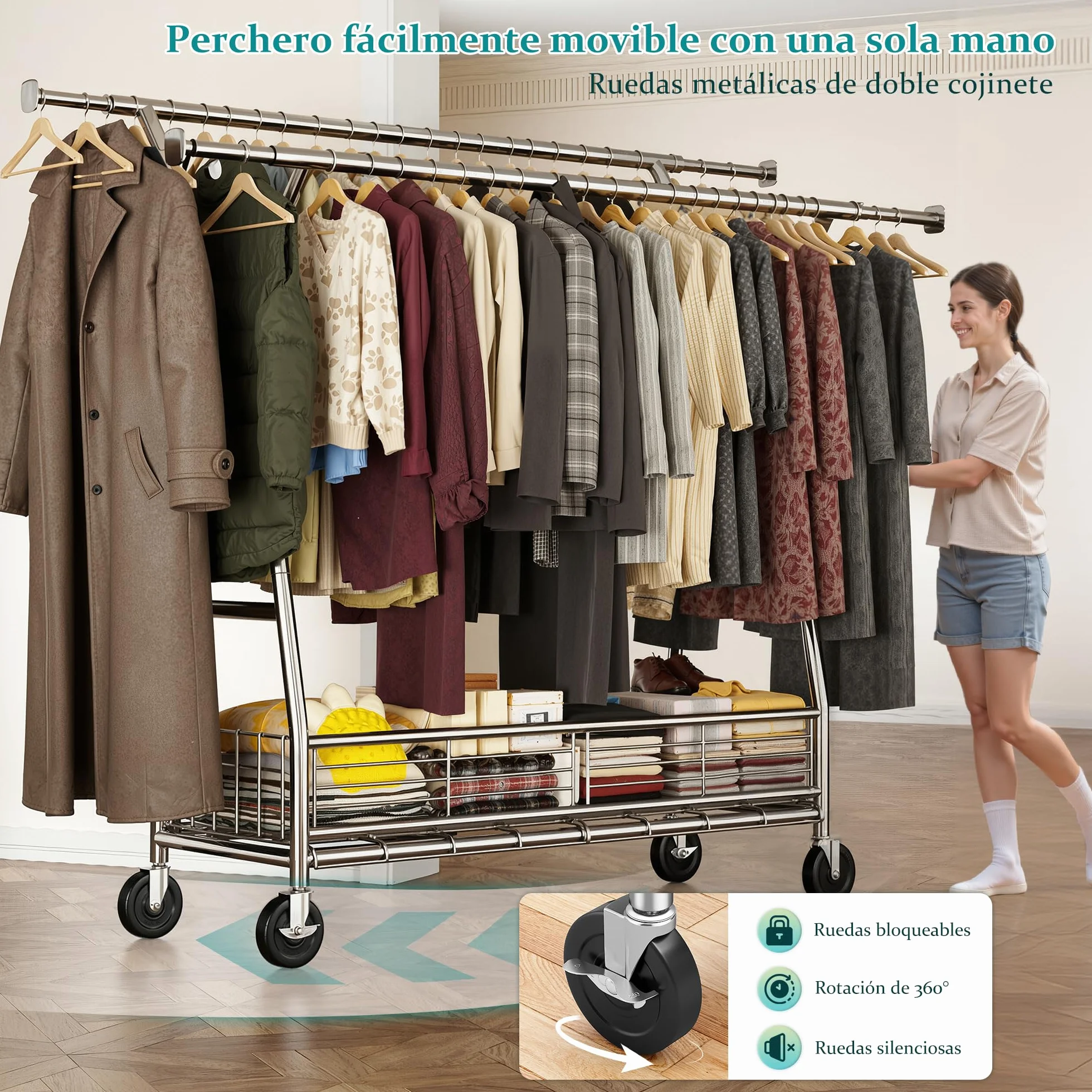 Burro Ropa resistente con Ruedas y Cesta para Ropa Sucia, Perchero Burro Ropa Extensible para Carga Pesada 200 kg, Burro para ropa para Almacenamiento en Entrada, Dormitorio o Vestidor
