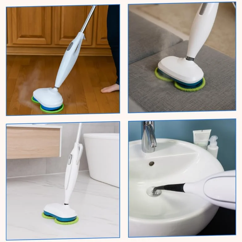 STEAM TWISTER/STEAM SPINNER – TELESHOPPING – VENTEO – Escoba de vapor automático – Doble cabezal giratorio – Vapor hasta 120 °C – Disco de microfibra lavable – 8 accesorios