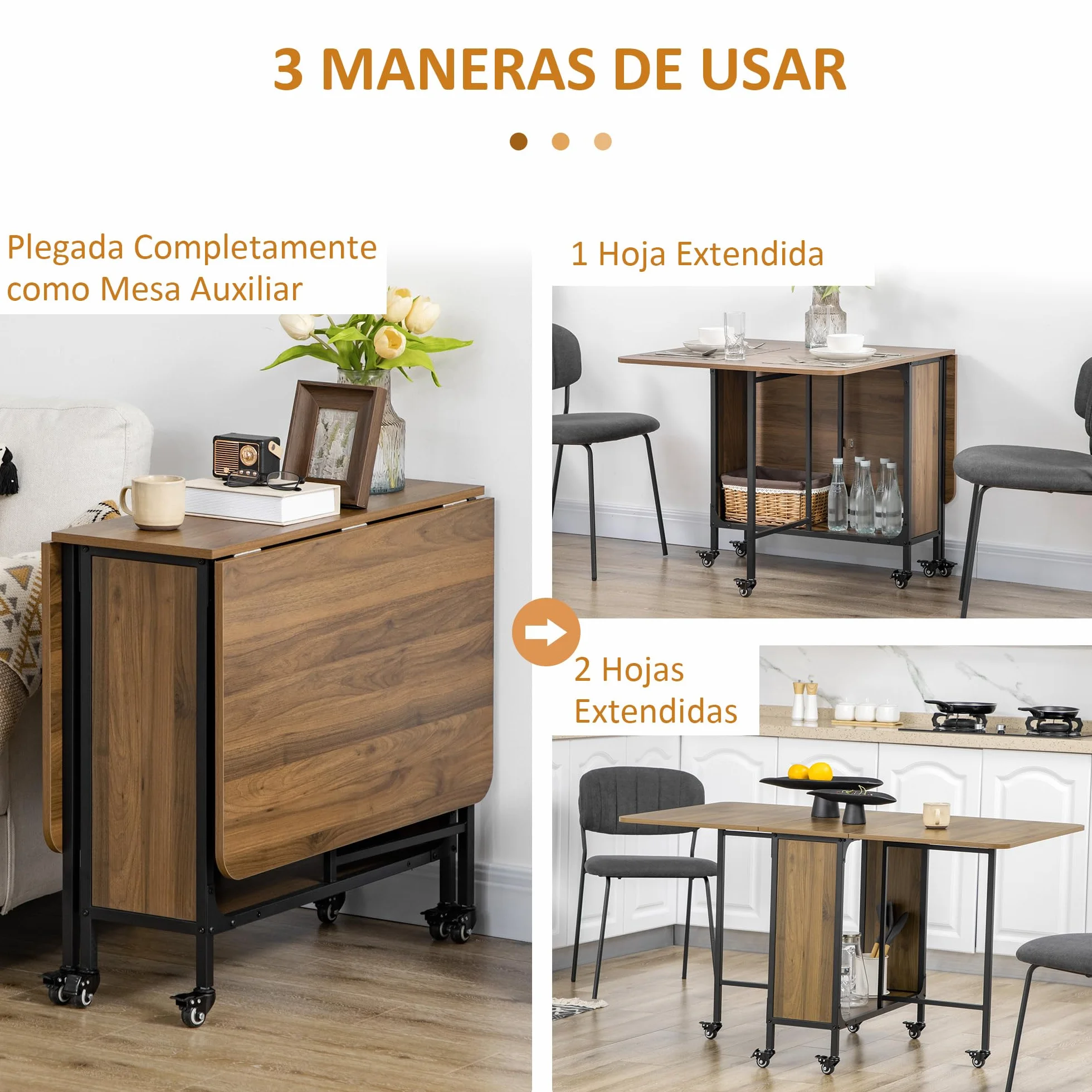 HOMCOM Mesa Plegable de Comedor con Ruedas Alas Abatibles y Estante de Almacenamiento Mesa de Cocina Plegable para Salón 130x80x74 cm Madera Marrón