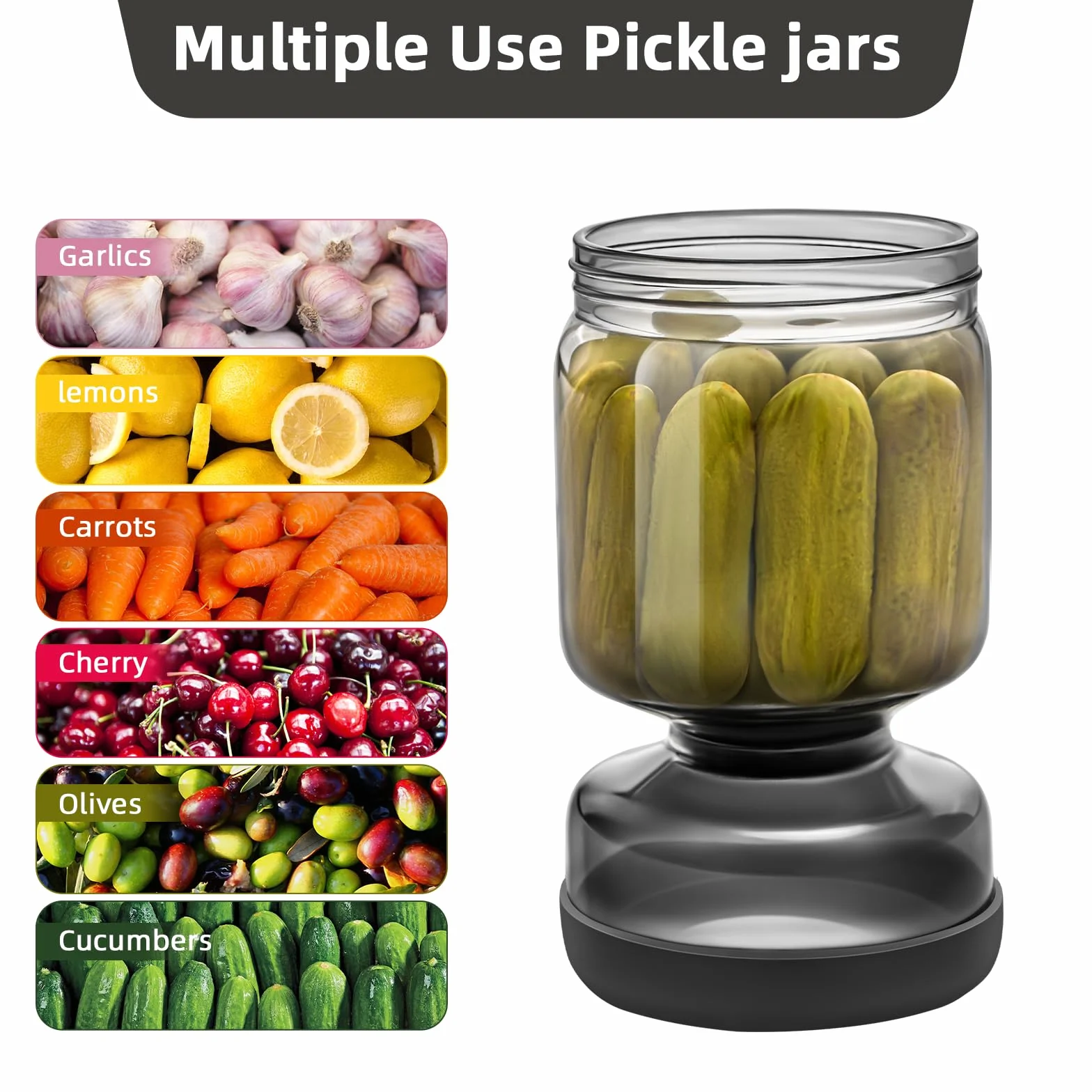 WhiteRhino Tarro de pepinillos con colador Flip,1L Recipiente de para pepinillos con doble a prueba de fugas,Tarro de cristal separador de jugo de pepinillos Flip Pickle y Olive Hourglass Jar(Gris 1L)