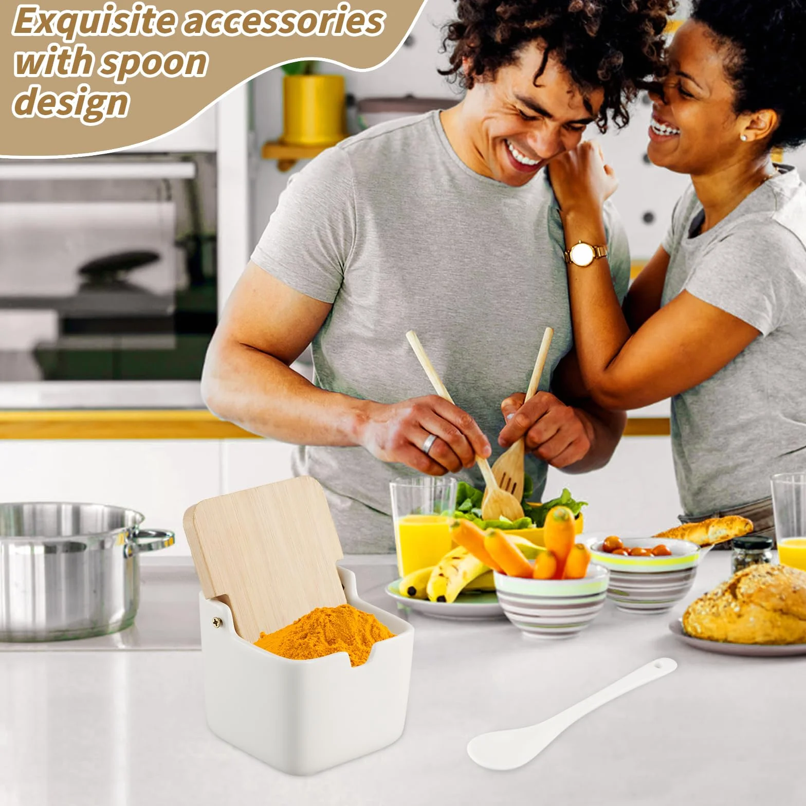 Azucarero, contenedor de sal de cerámica, para condimentos, tarros de especias con tapa de bambú y cuchara de cerámica para el hogar y la cocina (A)