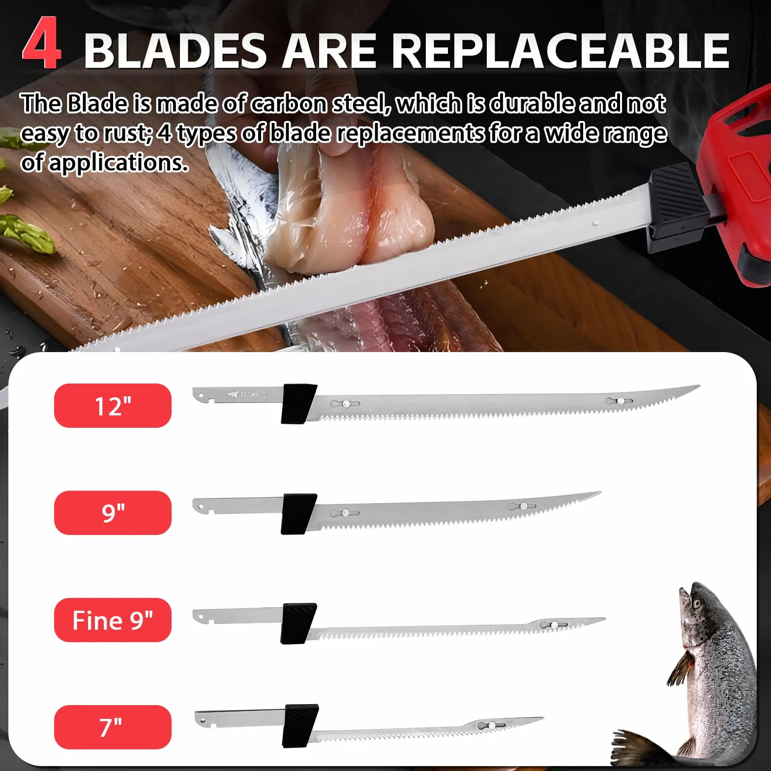 YUCHENGTECH Cuchillo de Filete Eléctrico para Pescado Cuchillo de Filete Inalámbrico con 4 Hojas, 2 Paquetes de Baterías Recargables y Estuche de Almacenamiento para Pescar, Filetear, al Aire Libre