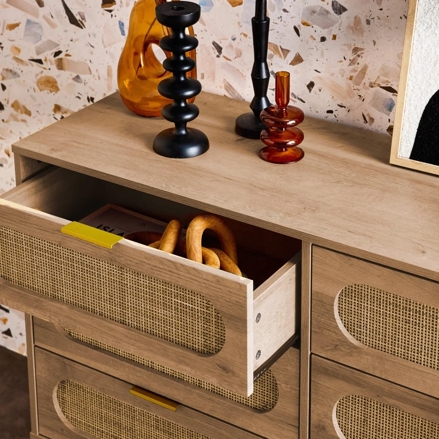 sweeek - Cómoda de Madera y caña Redondeada, 6 cajones, Eva, Natural, 120x39x79 cm