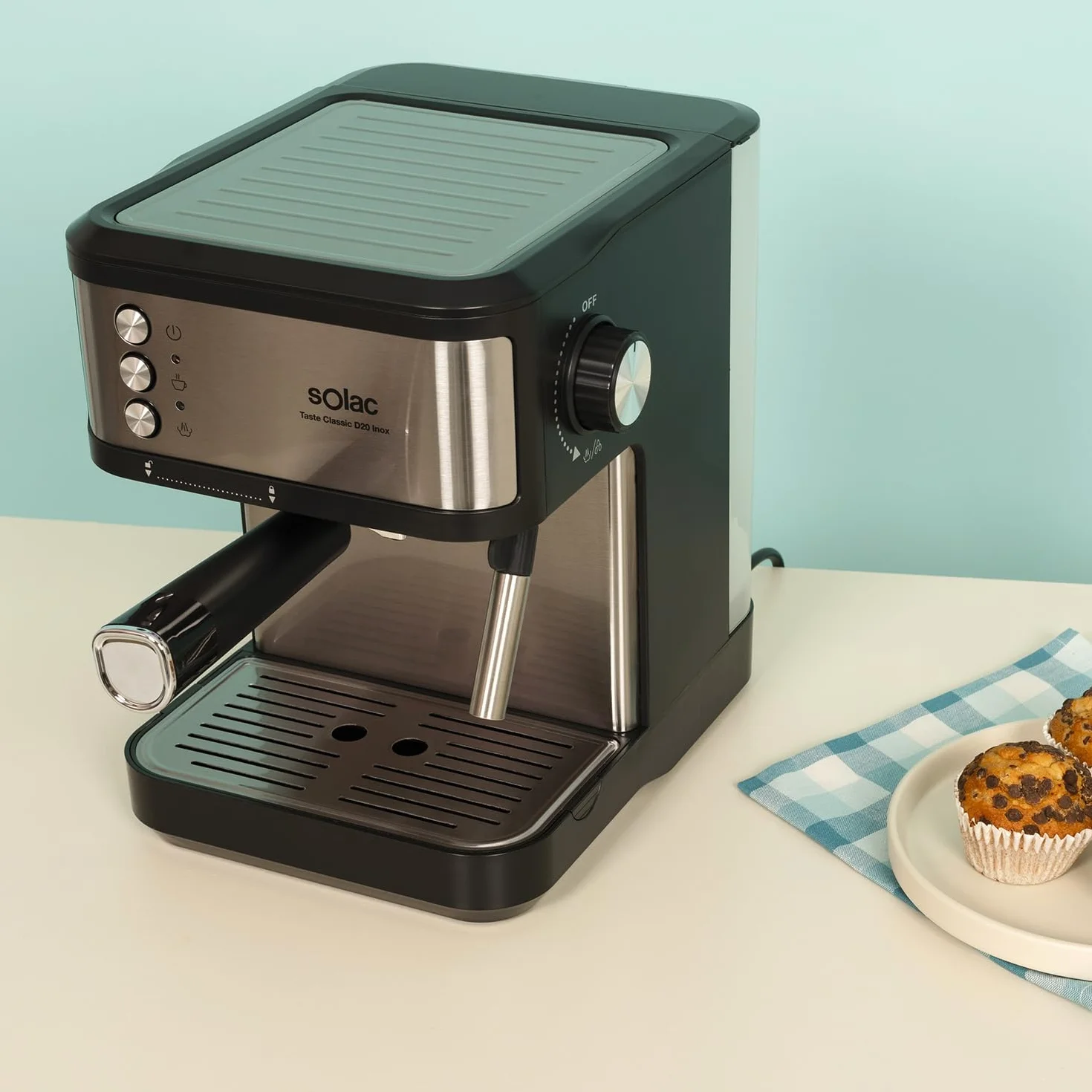 Solac – Cafetera Espresso Taste Classic | 850W | Presión 20 bares | Depósito 1,8L | Brazo 1 y 2 salidas | Vaporizador | Superficie Calienta tazas | Apagado automático