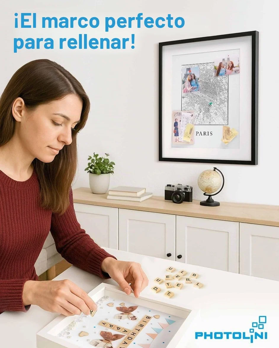 PHOTOLINI 3D Marco de fotos 40x50 cm para rellenar, blanco, marco con profundidad para objetos de hasta 3 cm, madera MDF con paspartú y cristal - para manualidades y como regalo