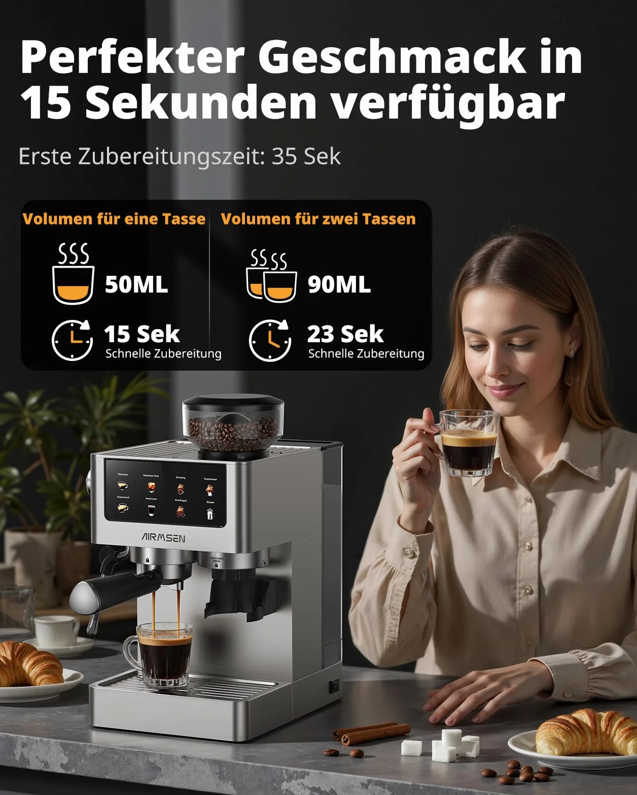 AIRMSEN 20 Bar Cafetera de Café Espresso con Molinillo Cónico y Vaporizador de Leche, Programable, Pantalla Táctil, Fabricada en Acero Inoxidable, 1.8L - Café Cold Brew y Americano, Espresso y Leche