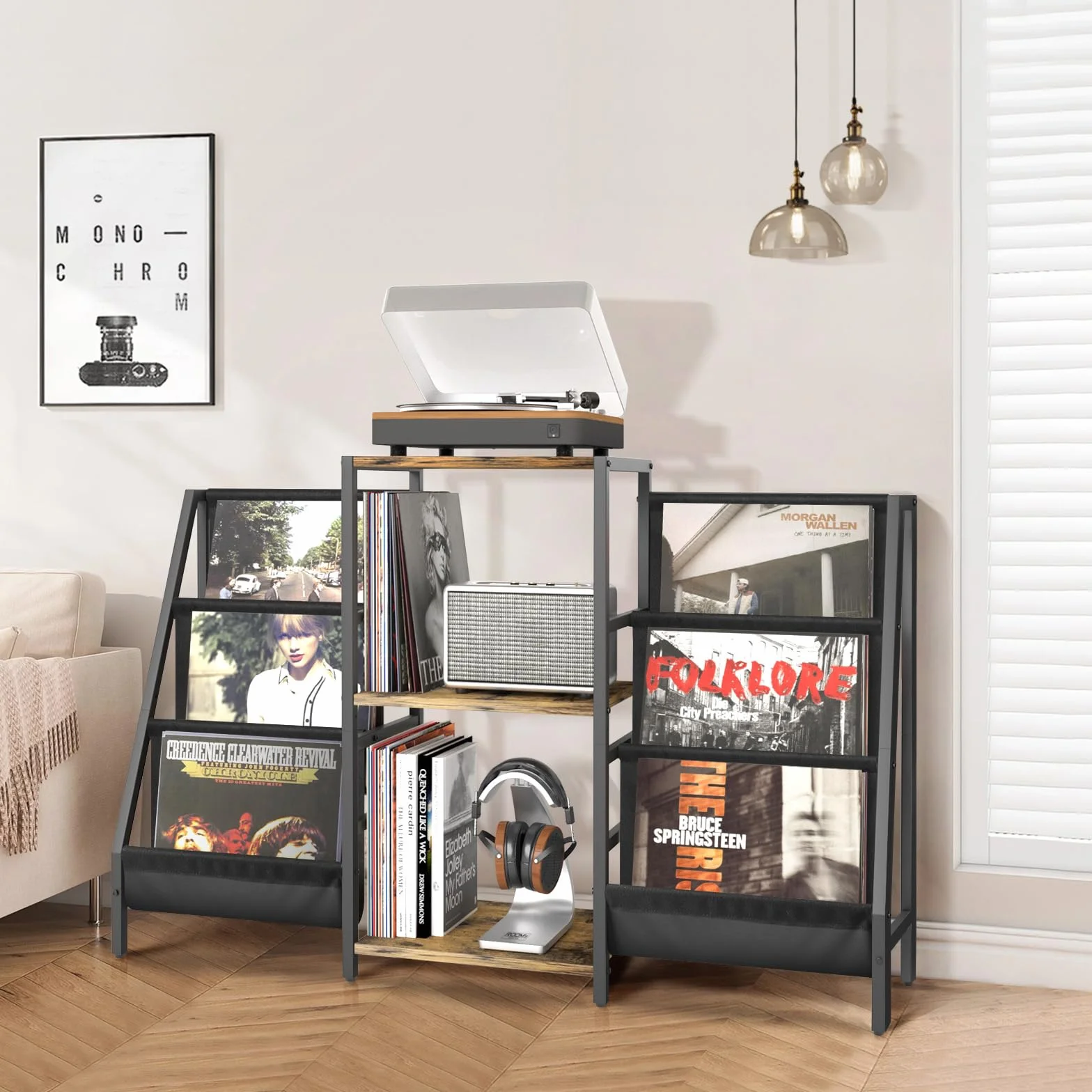 Bikoney Tocadiscos de Vinilo Stand, Mueble Tocadiscos con Almacenamiento de Vinilo hasta 280 Albumes, Giradiscos Estante Soporte Reproductor Vinilo de Almacenamiento de Vinilos Media Estéreo