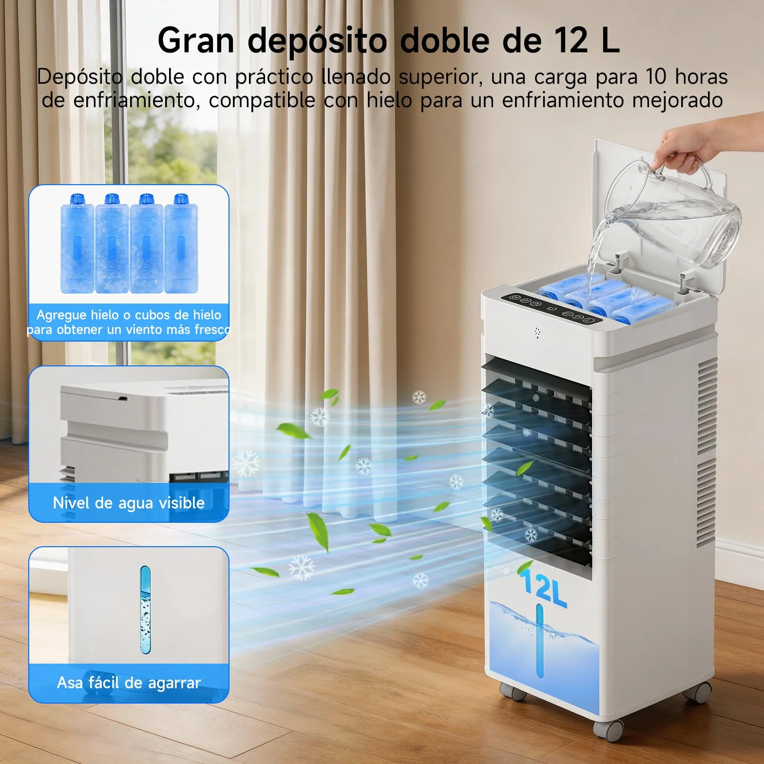 Aire Acondicionado Portátil, Enfriador de Aire por Evaporación con Ventilador de 20W, Depósito de 12L y Cristales de Hielo – 3 Modos, 12 Velocidades, Oscilación, Temporizador y Mando a Distancia