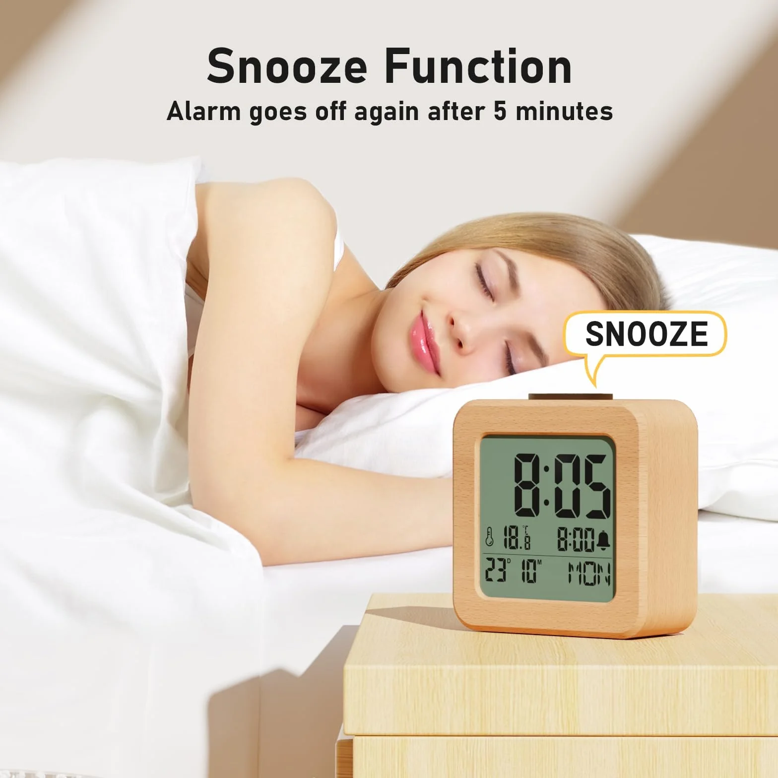 Despertador Digital, Reloj Despertador Digital de Madera Pilas con Sensor de Luz, Retroiluminación LCD, Snooze 5 Min, Temperatura, Fecha y Día de la Semana (Madera)