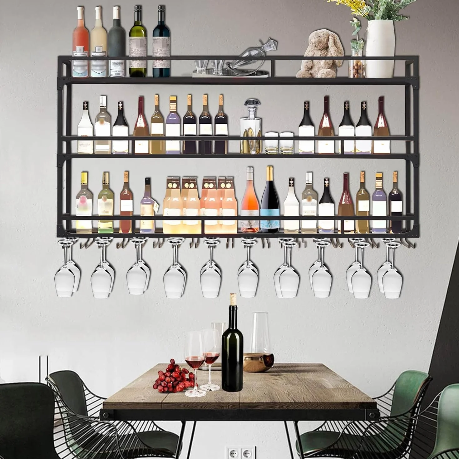 Botellero de Pared Industrial 3 Niveles con Portavasos, Estante Flotante de Metal 100cm, Negro
