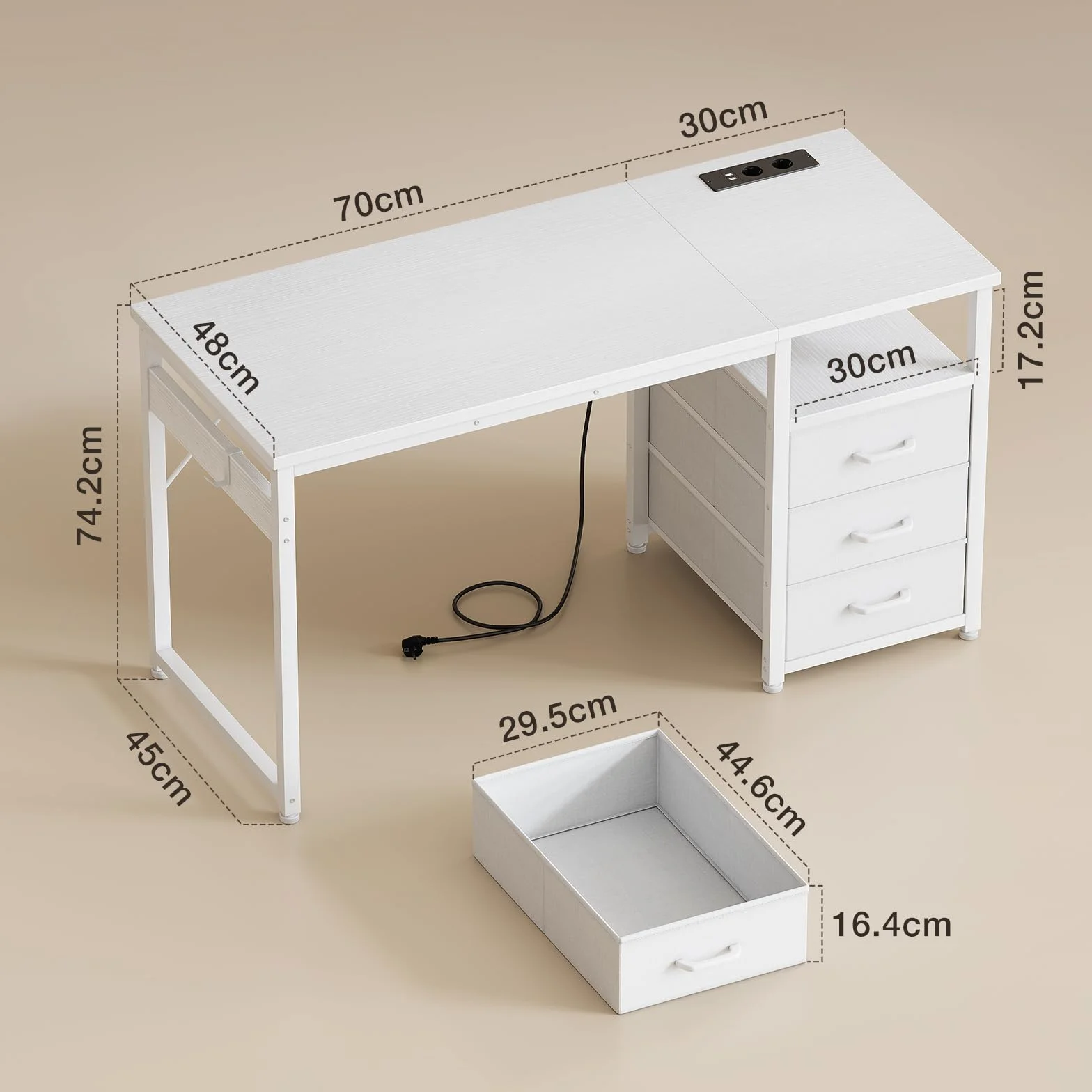 ODK Escritorio con 3 Cajones de Tela, 100x48cm Mesa de Ordenador con Estantes Escritorio Oficina con Puerto y Toma de Carga USB para Oficina, Salón, Hogar, Blanco