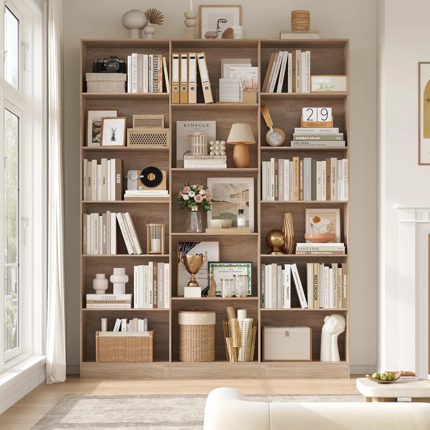 FirFurd 188cm Estantería Grande, Estanterías Almacenaje Madera, Librería, Estanterias para Libros, para Salón, Oficina y Estudio, 3 Filas, con 17 Compartimentos, 188 x 149 x 23,5 cm (Roble Claro)