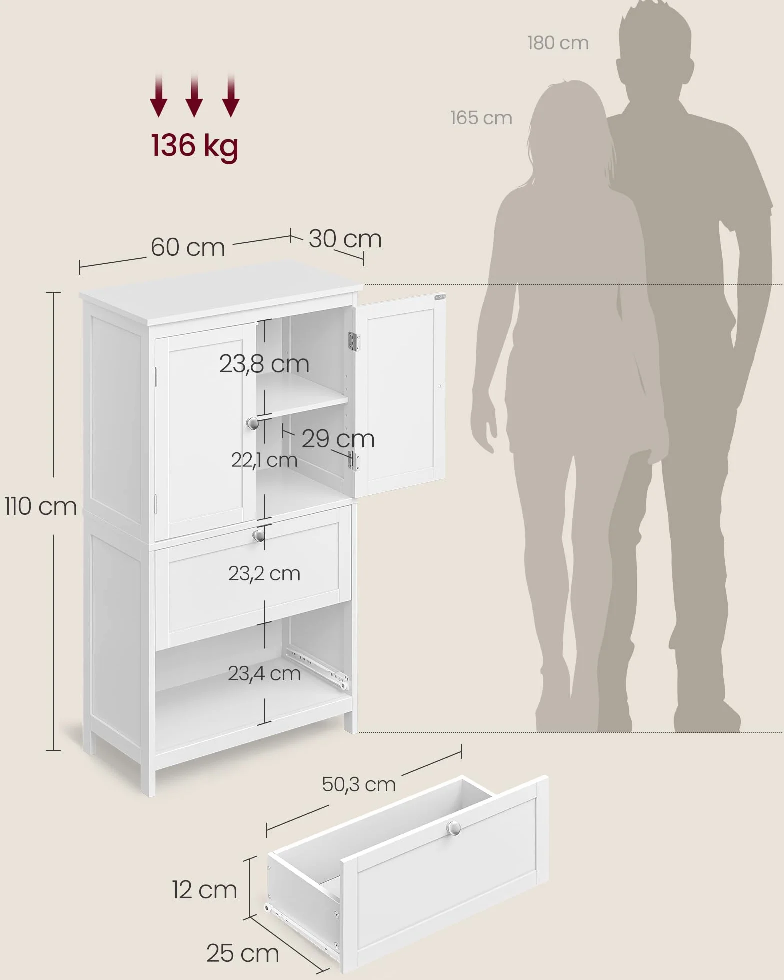 VASAGLE Mueble de Baño Armario de Cocina y Almacenaje con 2 Cajones y 2 Puertas, Estante Ajustable 30x60x110 cm Blanco