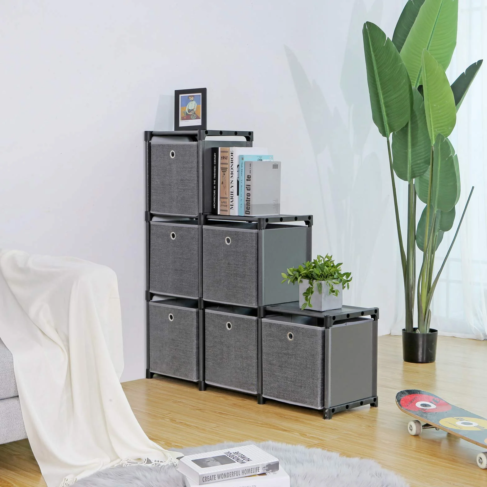 SONGMICS Estantería de 6 Cubos con Cajas de Tela, Organizador Multiusos, Metal, 30 x 105 x 105 cm, Negro LSN66BK