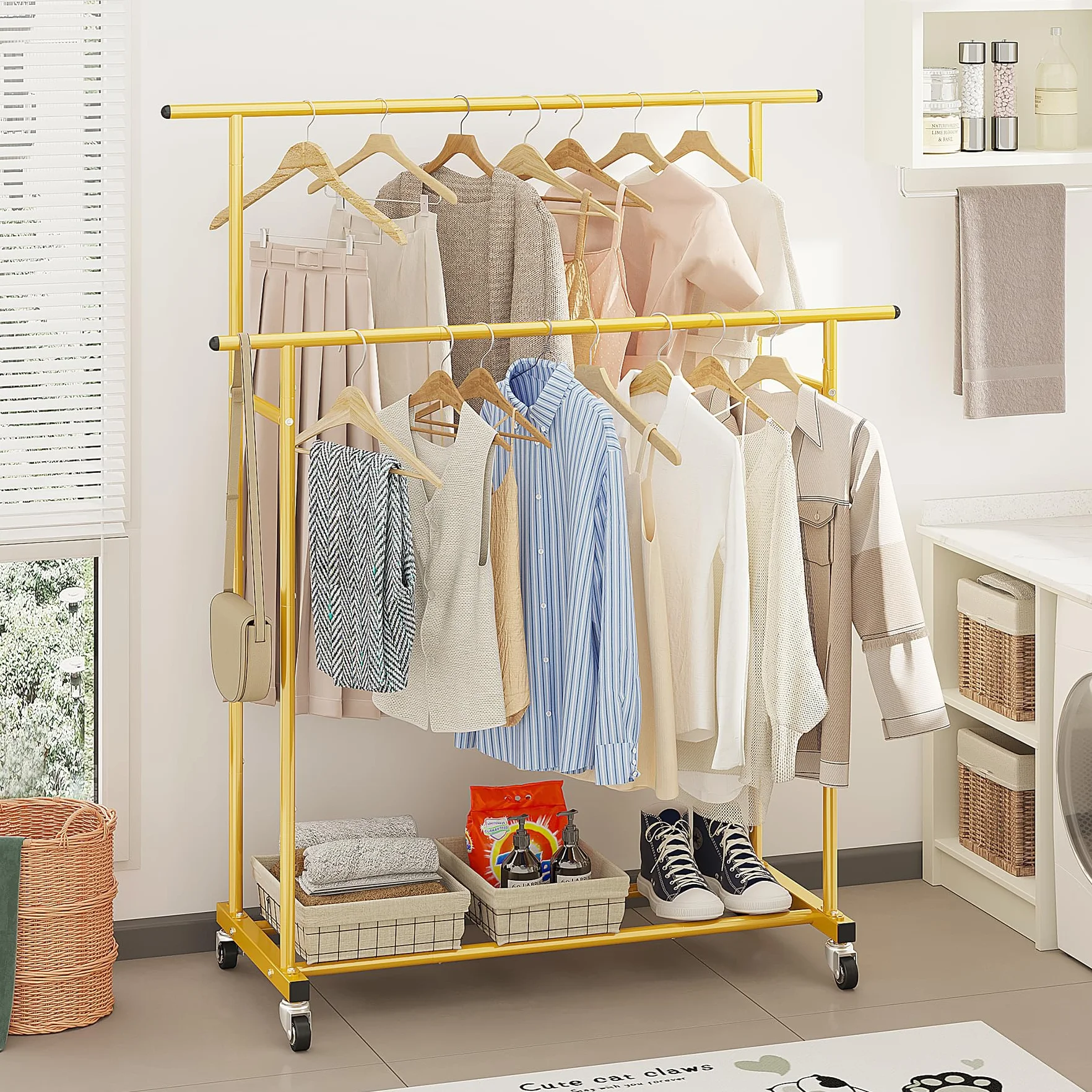Calmootey Perchero de ropa de doble barra, estante colgante rodante, organizador de ropa portátil para dormitorio, sala de estar, tienda de ropa, dorado