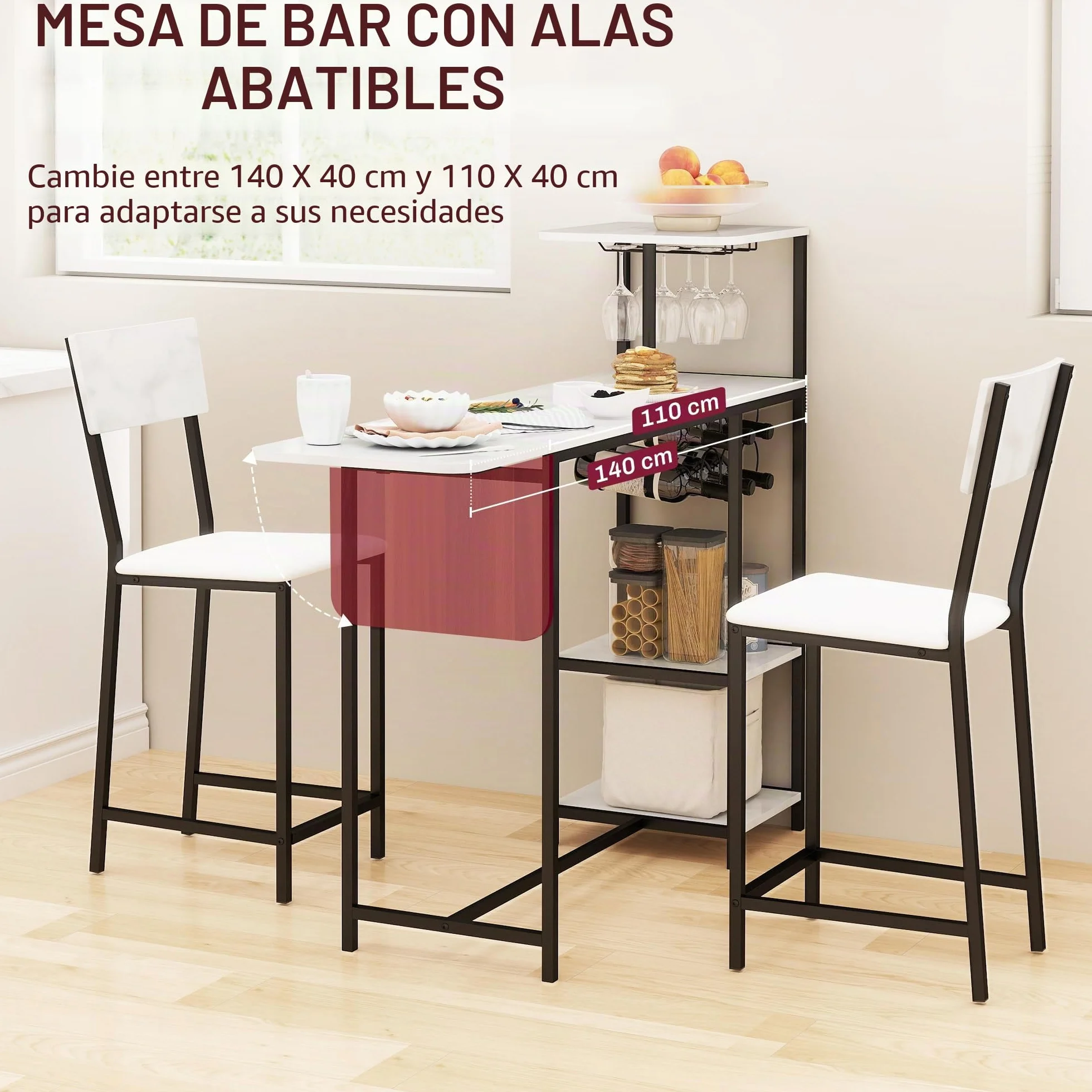 HOMCOM - Conjunto de Mesa de Bar con taburetes, Mesa de Comedor de pie con 2 sillas de Bar, Tapa Plegable, taquillas para Vino, portavasos, estantes Abiertos y reposapiés, Efecto mármol Blanco