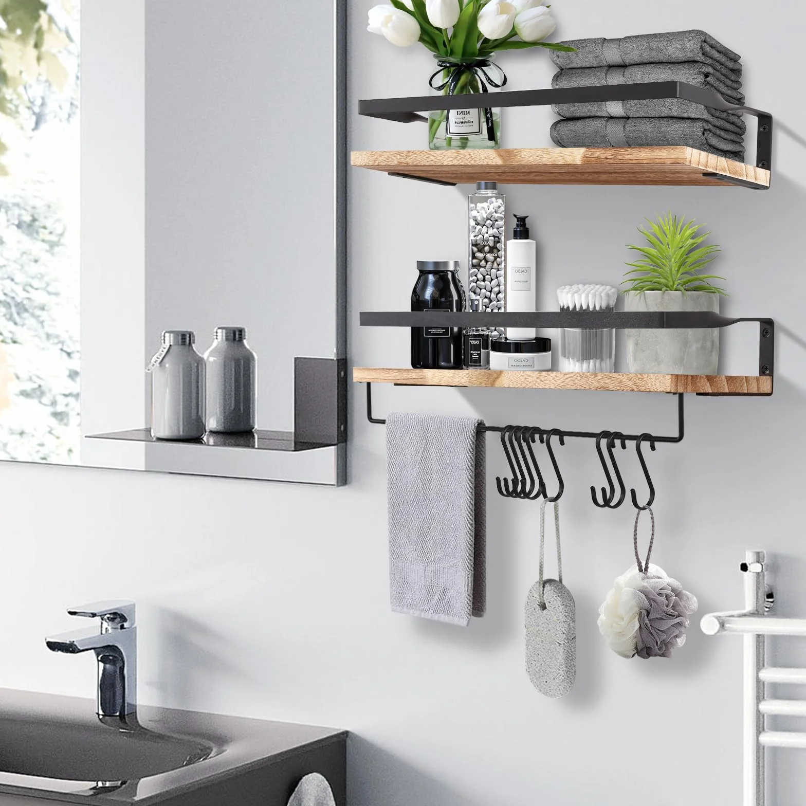 Uten Baldas Pared, Estante de Pared de 2 Niveles, Estante de Pared de Madera, 42 cm de Largo, 8 Ganchos, Adecuado para Dormitorio, Cocina, Baño, Sala de Estar, Solución Perfecta para Ahorrar Espacio