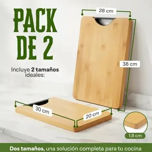 Tablas de Cortar de Bambú Set 2 Piezas.Tabla cocina madera. (38x28 + 30x20 cm) con Asa – Antibacterianas, Resistentes y Fáciles de Limpiar – Tabla Cocina Profesional