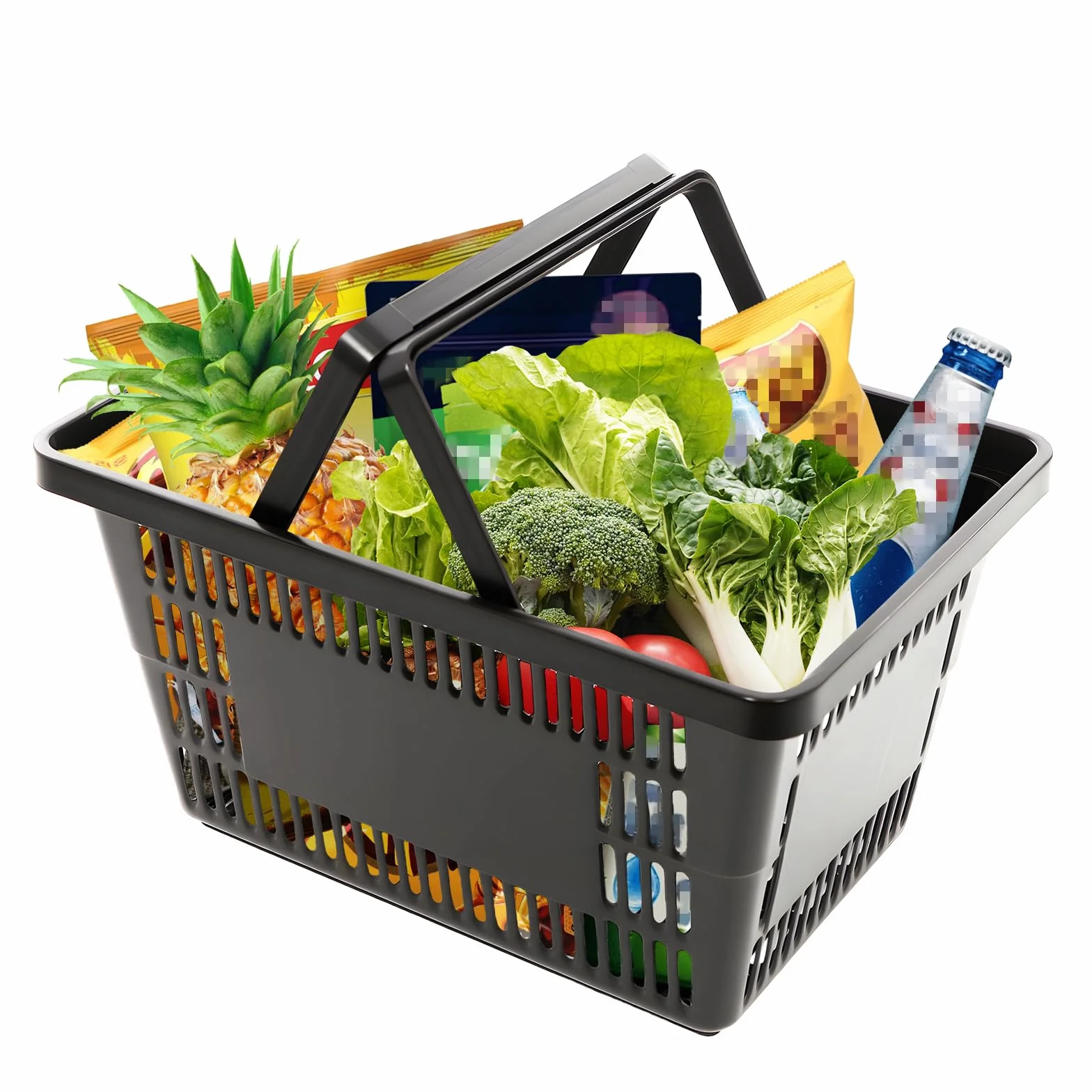 Cesta de la compra de polipropileno, 12 unidades, 28 L, con asas ergonómicas. Cada producto soporta aproximadamente 10 kg, diseño abierto y apilable, color negro