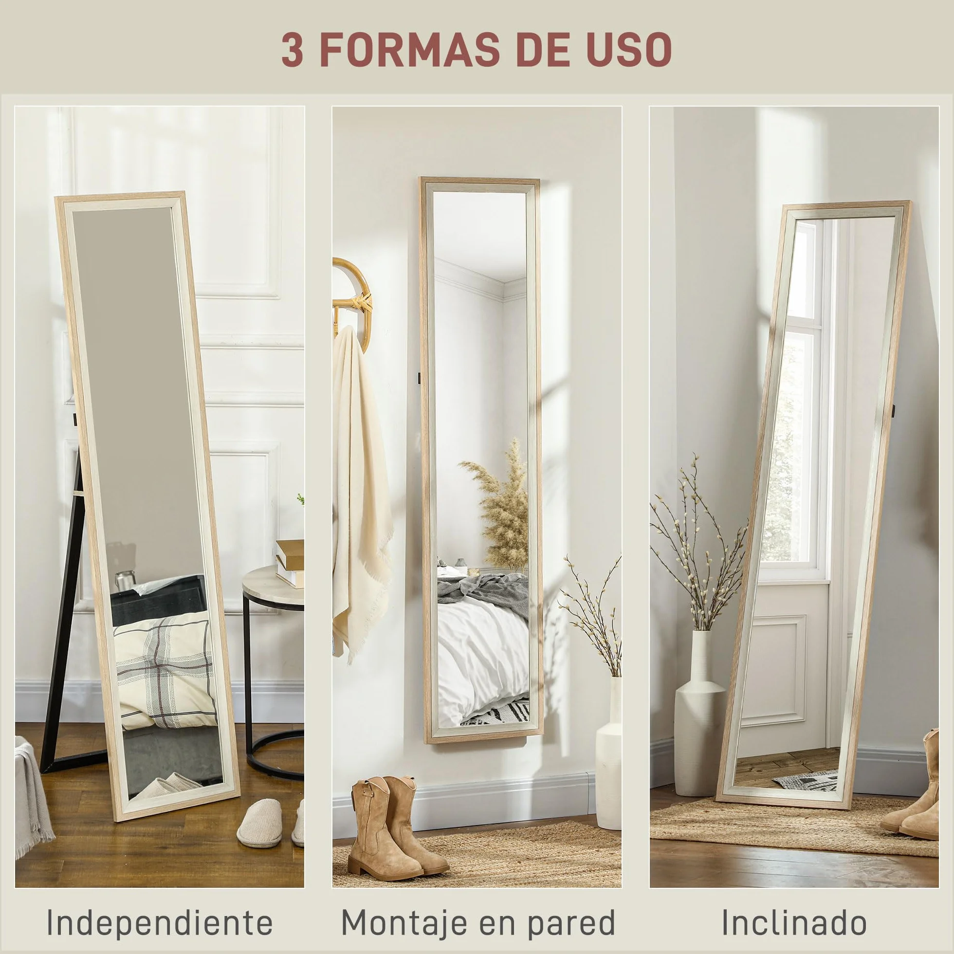 HOMCOM Espejo de Pie Cuerpo Entero 157x37 cm, Espejo Grande de Pared con Marco Bicolor, de Pie, Inclinado o Colgante, para Salón, Dormitorio, Pasillo, Entrada, Natural Claro y Blanco