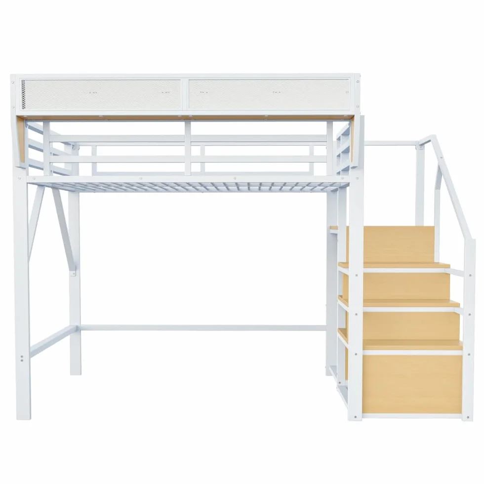 Cama alta de 140 x 200 cm con estructura de metal, cama de matrimonio de 140 x 200 cm con escalera de seguridad y compartimento contenedor flexible, cama para niños, sin colchón, color blanco