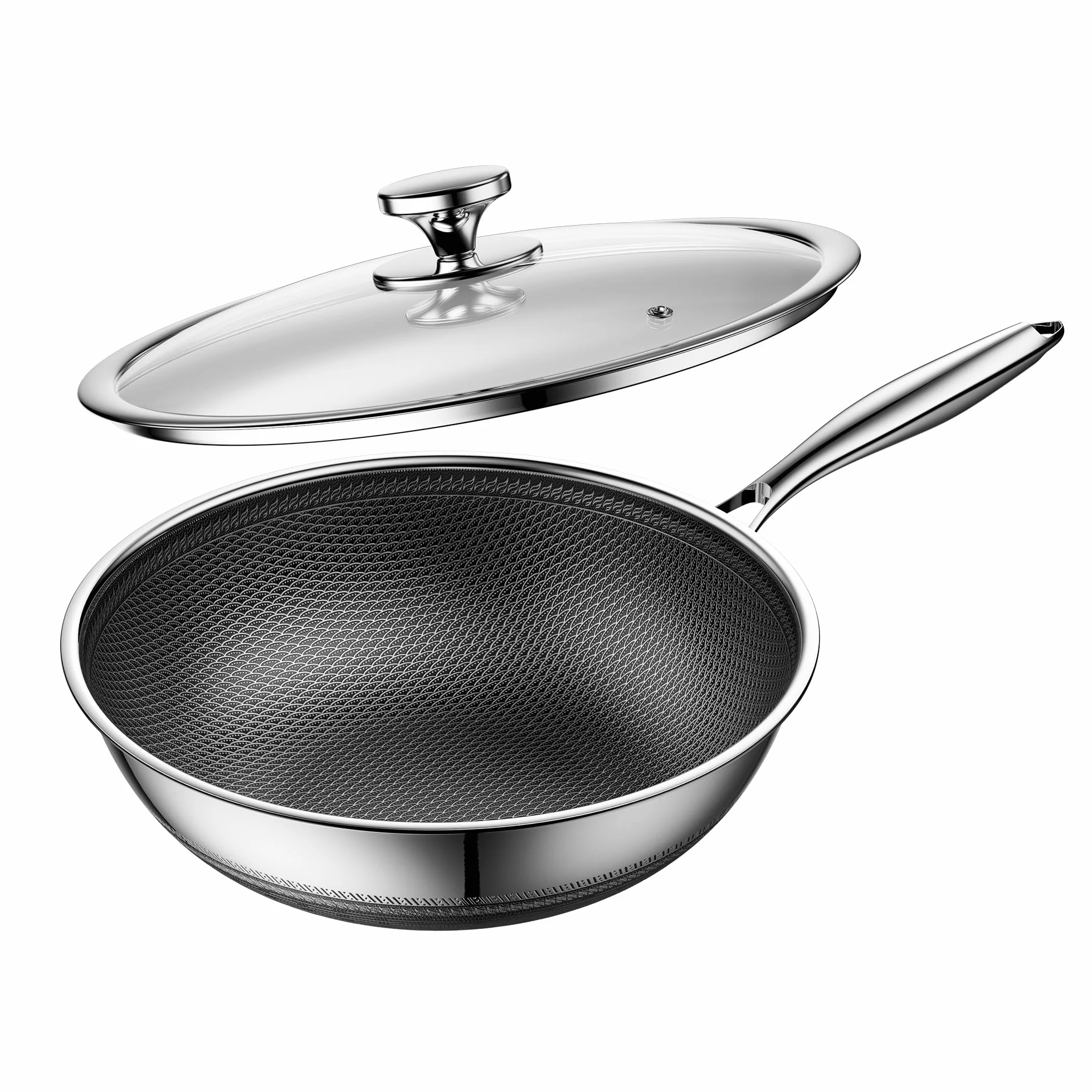 Wok antiadherente con tapa de 30 cm, wok híbrido de acero inoxidable, sartén, mango que se mantiene frío, fácil de limpiar, libre de PFAS PFOA y PTFE, apto para horno hasta 260 °C, apto para