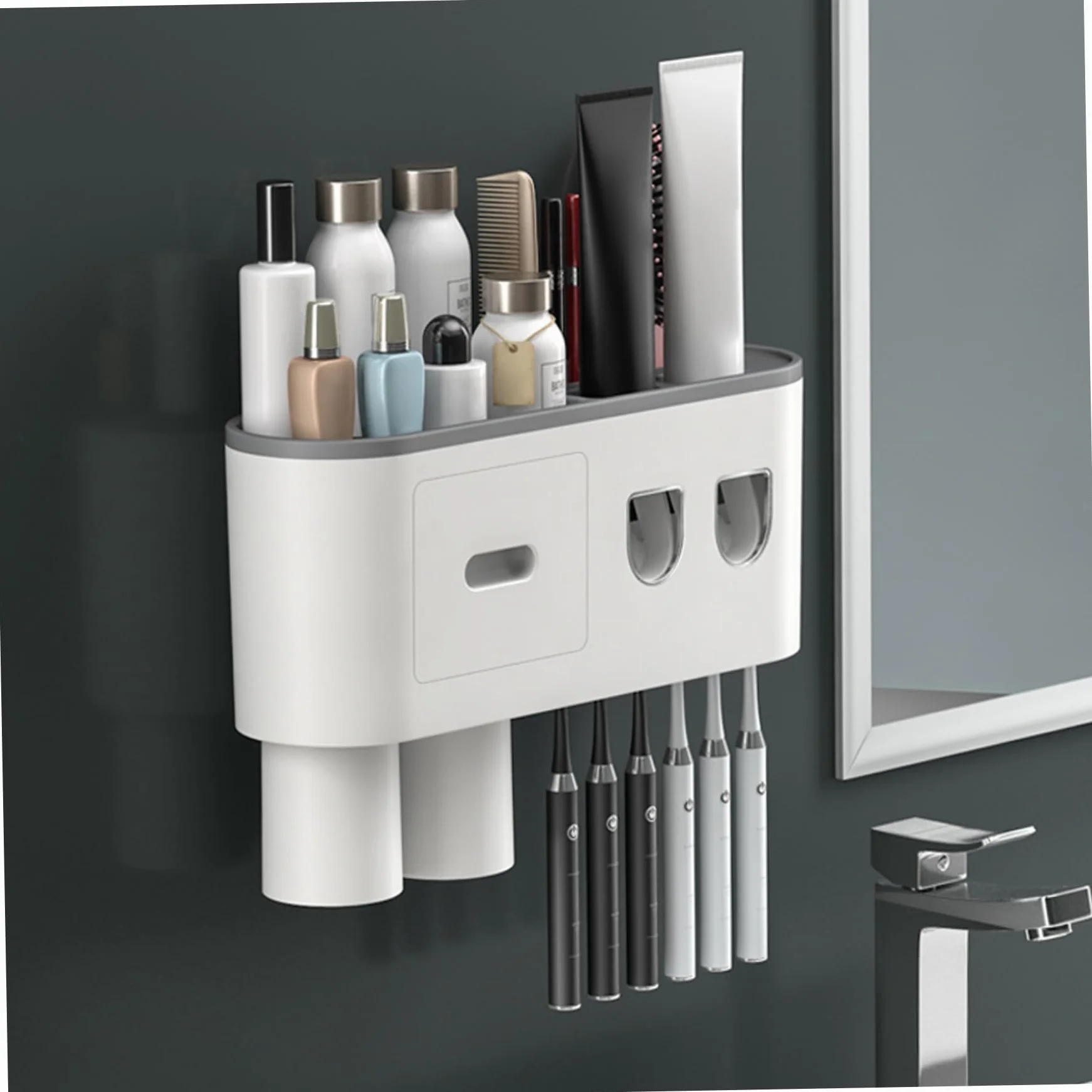 Dispensador automático de Pasta de Dientes, Soporte for Cepillo de Dientes, con 6 Ranuras for cepillos, 3 Tazas magnéticas y cajón de Almacenamiento for ordenar el baño en el hogar