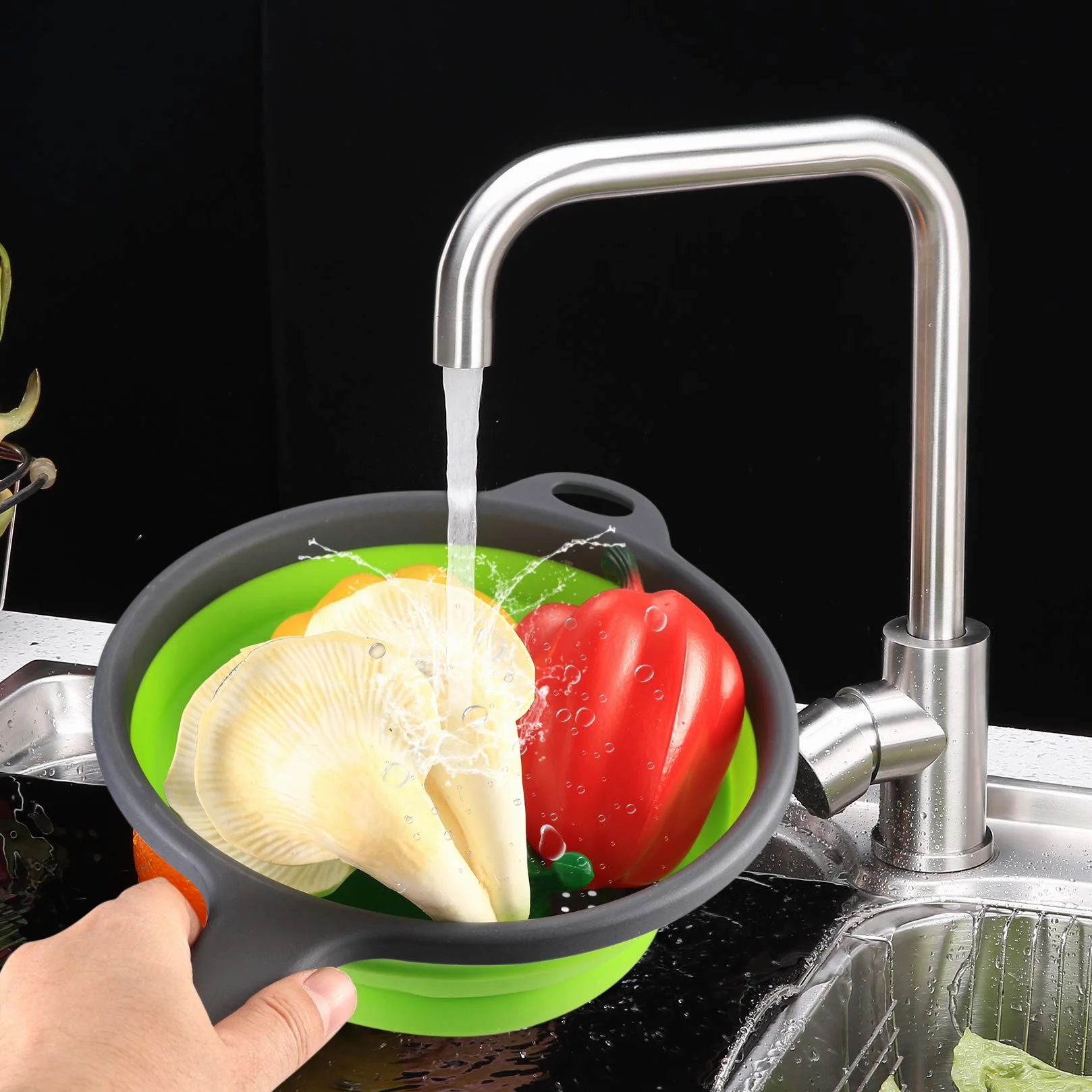 Colador Plegable Silicona con Asa, Cesta de Drenaje para Frutas y Verduras, Colador de Cocina - Verde, 2 Piezas