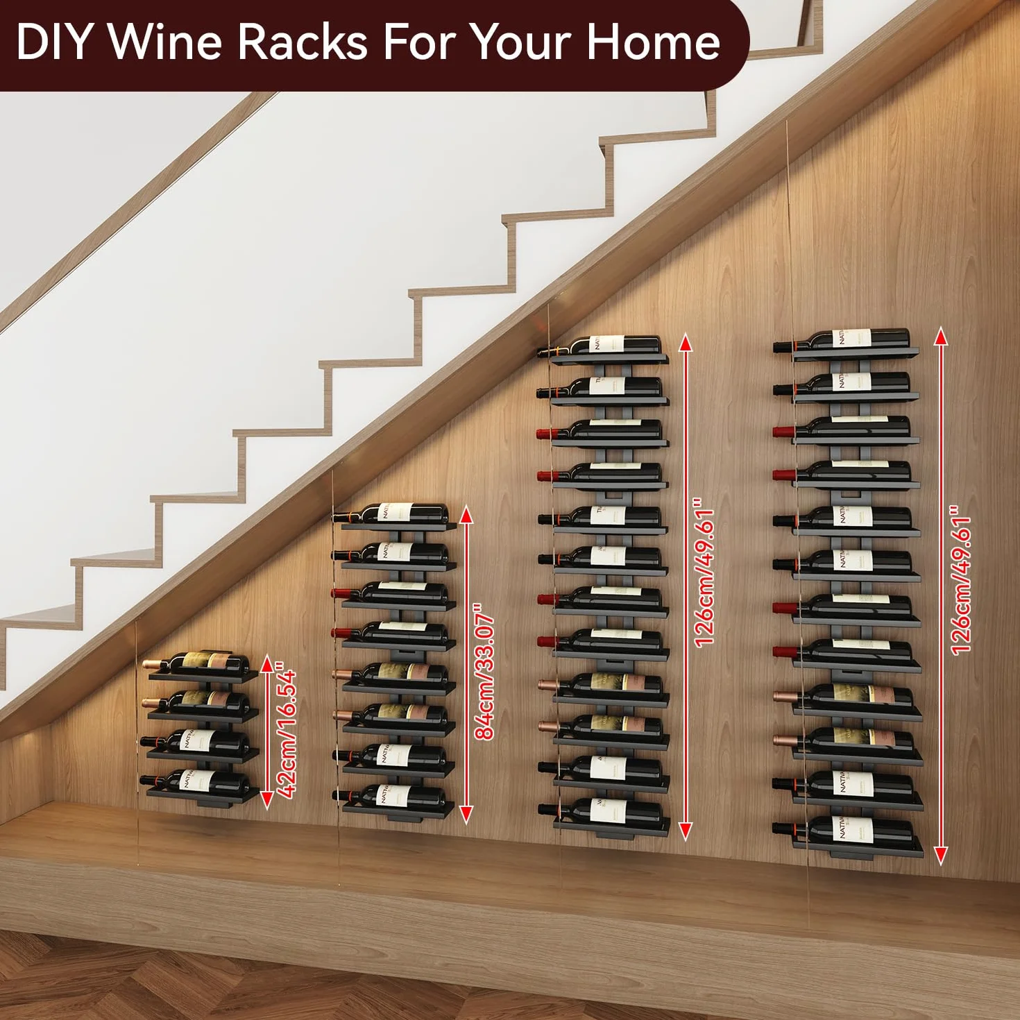 IBUYKE Botellero Pared para 12 Botellas, Botellero Vertical de Metal para Botellas de Vino,Licores, Champán,Estante de Vino Montado DIY para Cocina, Comedor, Bar, Negro, TMJ909B