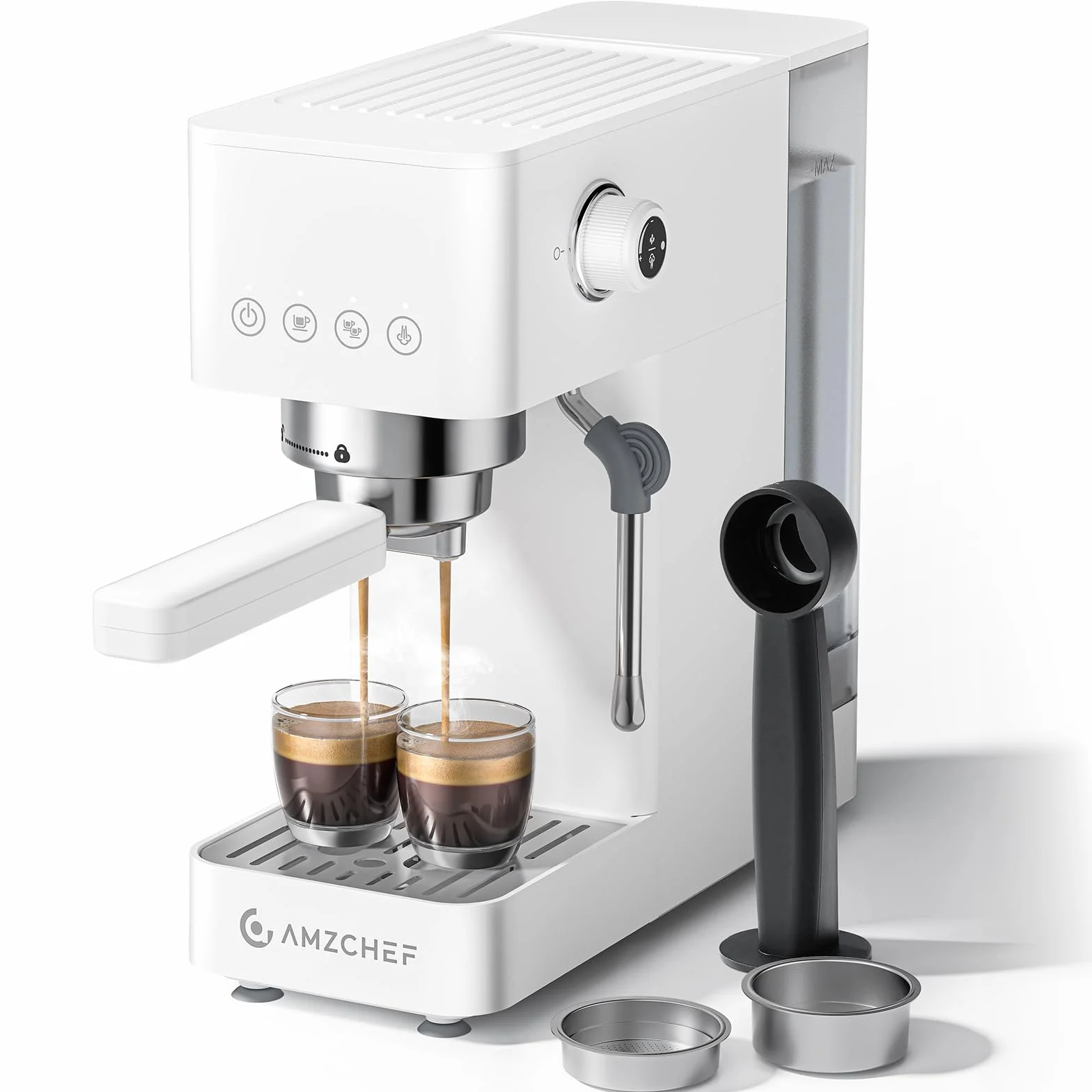 AMZCHEF Cafetera Espresso de 20 Bares, coffee machine con espumador de leche profesional, pequeña cafetera espresso para capuchino, latte y macchiato, depósito de agua de 1,5L, 1350W,color blanco
