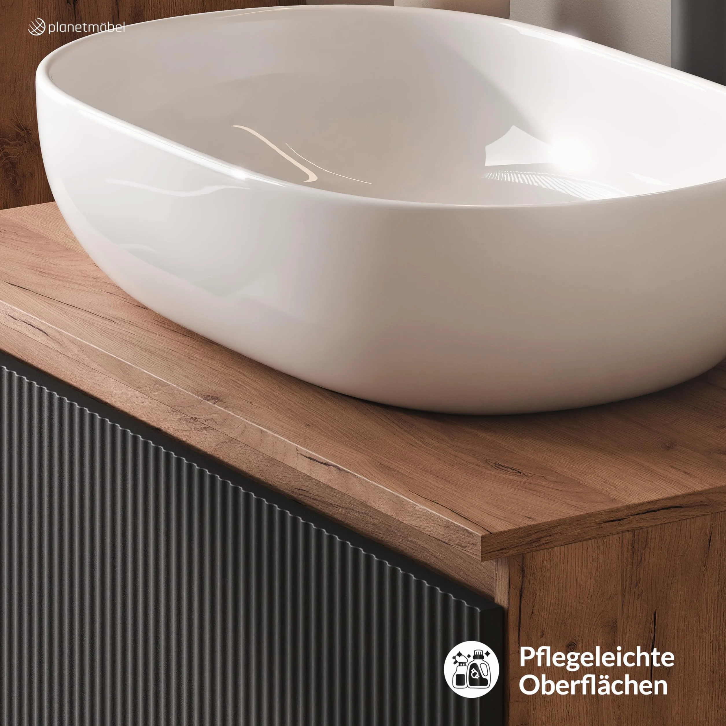 Planetmöbel Arisa Juego de muebles de baño con lavabo de 80 cm en roble dorado negro (estriado), lavabo de 60 cm en blanco, con sifón de ahorro de espacio