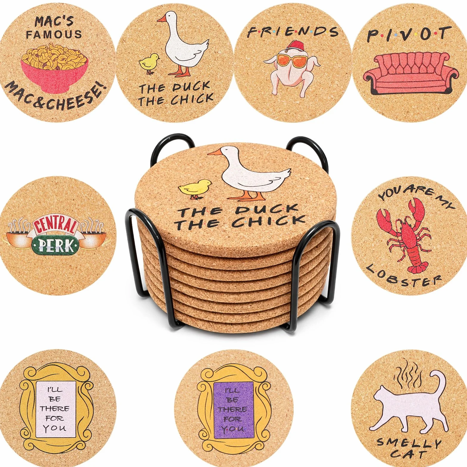9 Piezas Friends Merchandise, Posavasos de Friends Set, Posavasos de Corcho para Bebidas con Soporte, Regalos de Amigos para Mujeres, Posavasos para Mesa de Café（10 * 10 * 0.6cm）