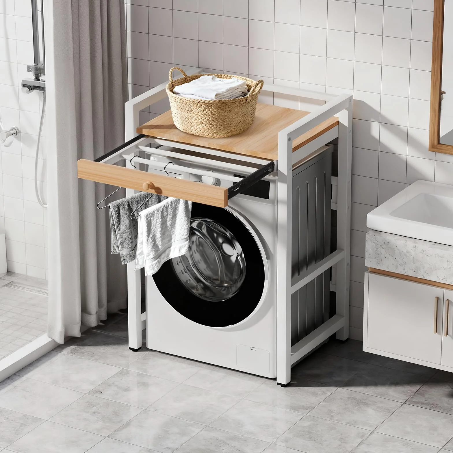 Mueble Lavadora Secadora, Estante Organizador de Baño Ahorra Espacio, Mueble para Lavadora Apto para Lavadora y Secadora, 350 kg de Carga, 73 x 63 x 105cm