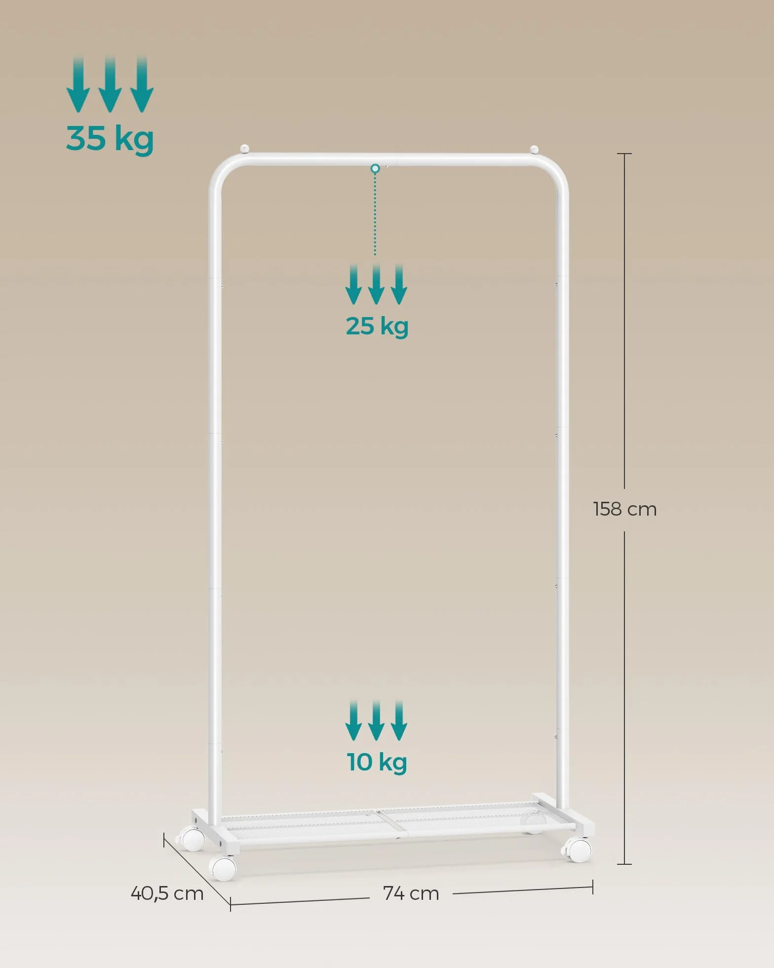 SONGMICS Perchero con Ruedas 74 cm Acero Blanco 35 kg 2 Frenos HSR130W01