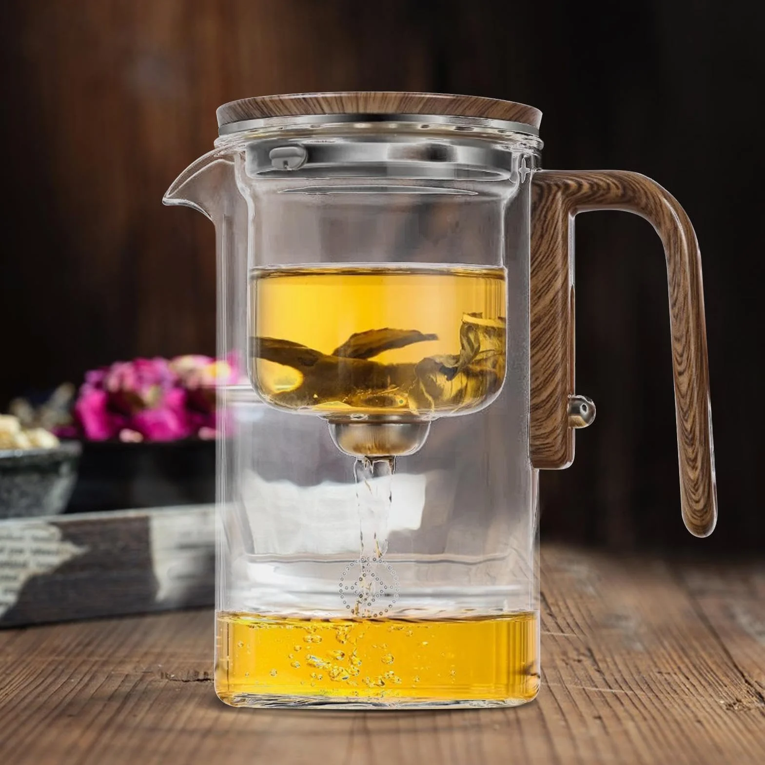de vidrio, infusor de té de vidrio con infusor | Jarra transparente resistente al calor con mango de madera | Hervidor de té a prueba de fugas para apartamento, lugar de trabajo