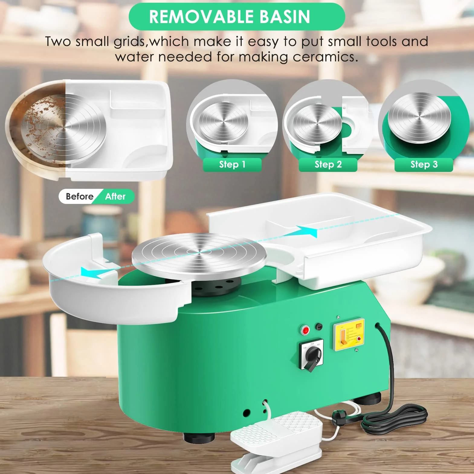 Torno Alfarero,350W Torno Ceramica 0-300r/min,25CM Rueda de Alfarero con Pedal y Lavabo Desmontable para Herramientas de Modelado para Principiante y Amante de Creación de cerámica (Verde)