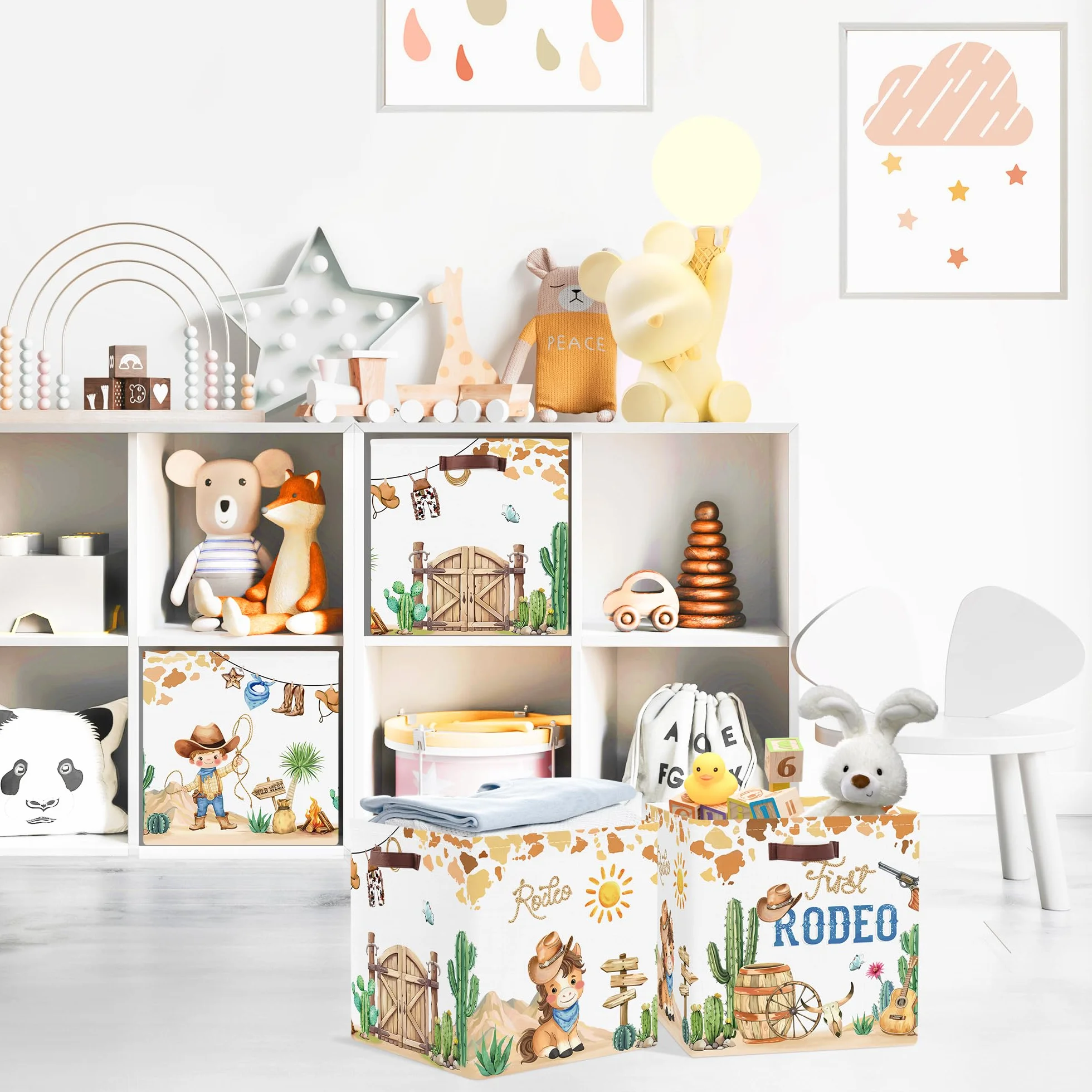 Clastyle Juego de 3 Cubos de Almacenamiento Vaqueros Retro Caja Organizadoras de Almacenaje Juguetes Libro para Infantil Cubo de Almacenaje Armario para Ropa Niño, Caballos, 30x30x30 cm