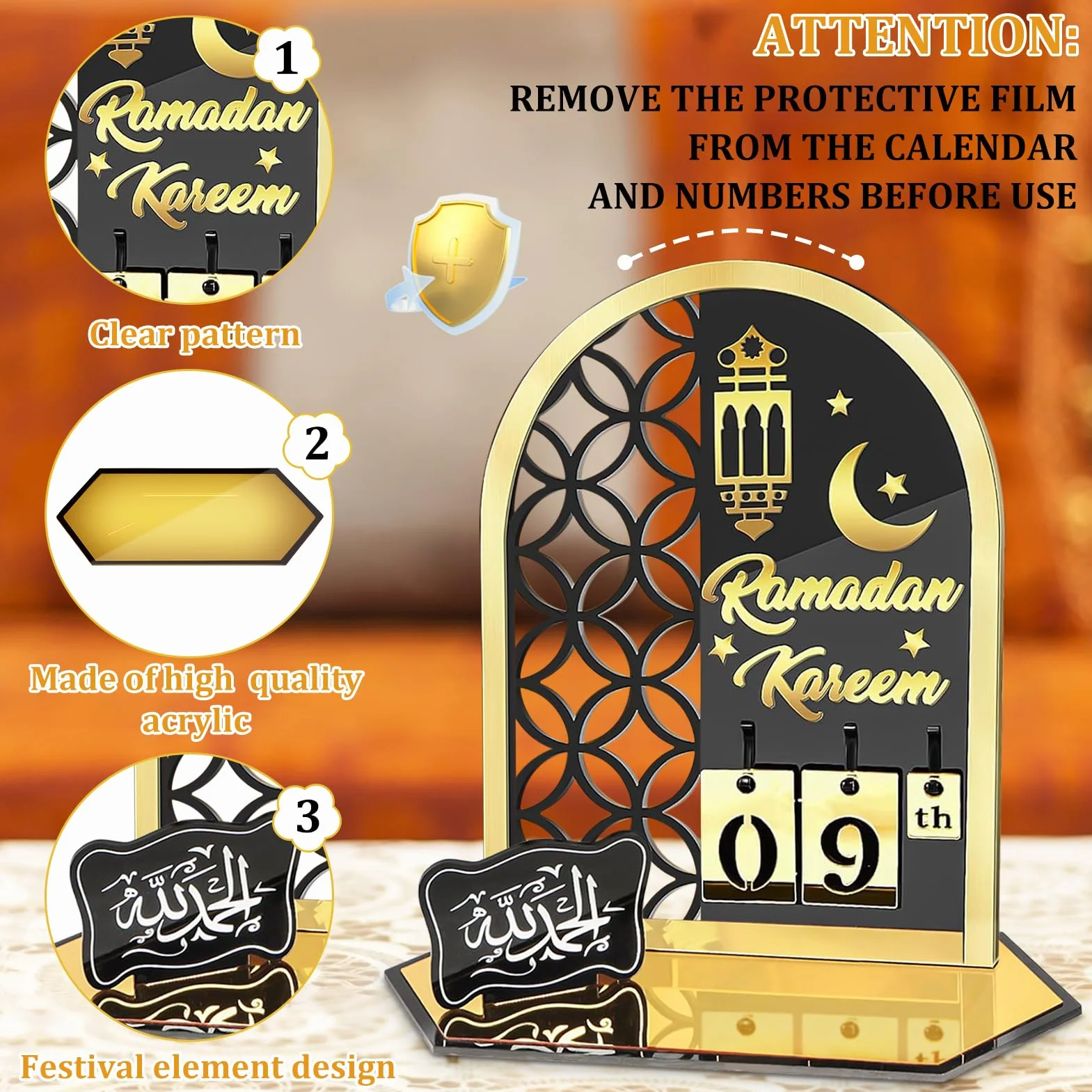 Calendario Ramadán Acrílico 30 Días Cuenta Regresiva Decoración Eid Musulmana Negro