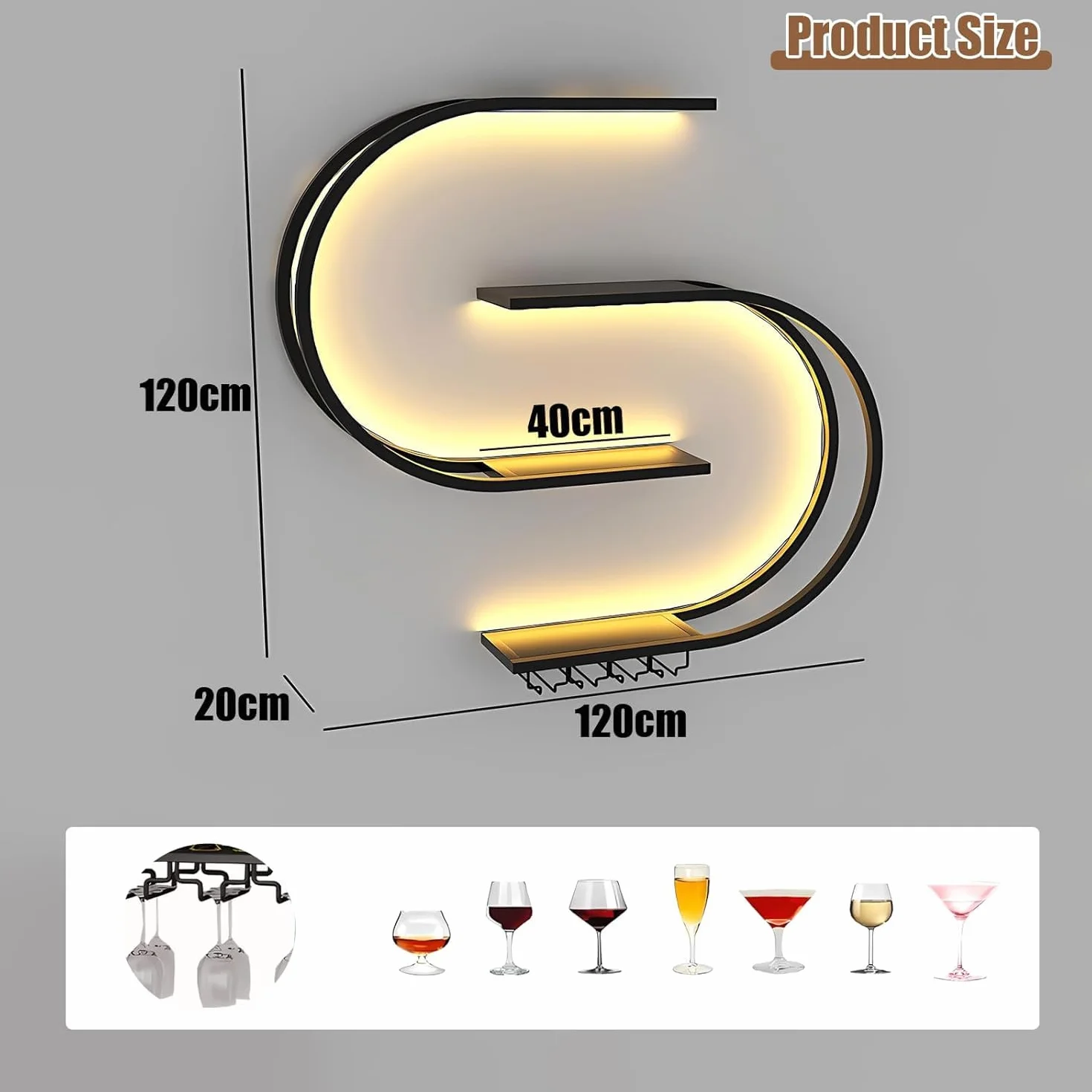 Botellero de Pared con portavasos, Estantería de Hierro de 4 Plantas, Soporte Flotante para exhibición de Vino, Estante de Botellas de Pared, para el hogar, Restaurante, Bares (Negro, 120cm)
