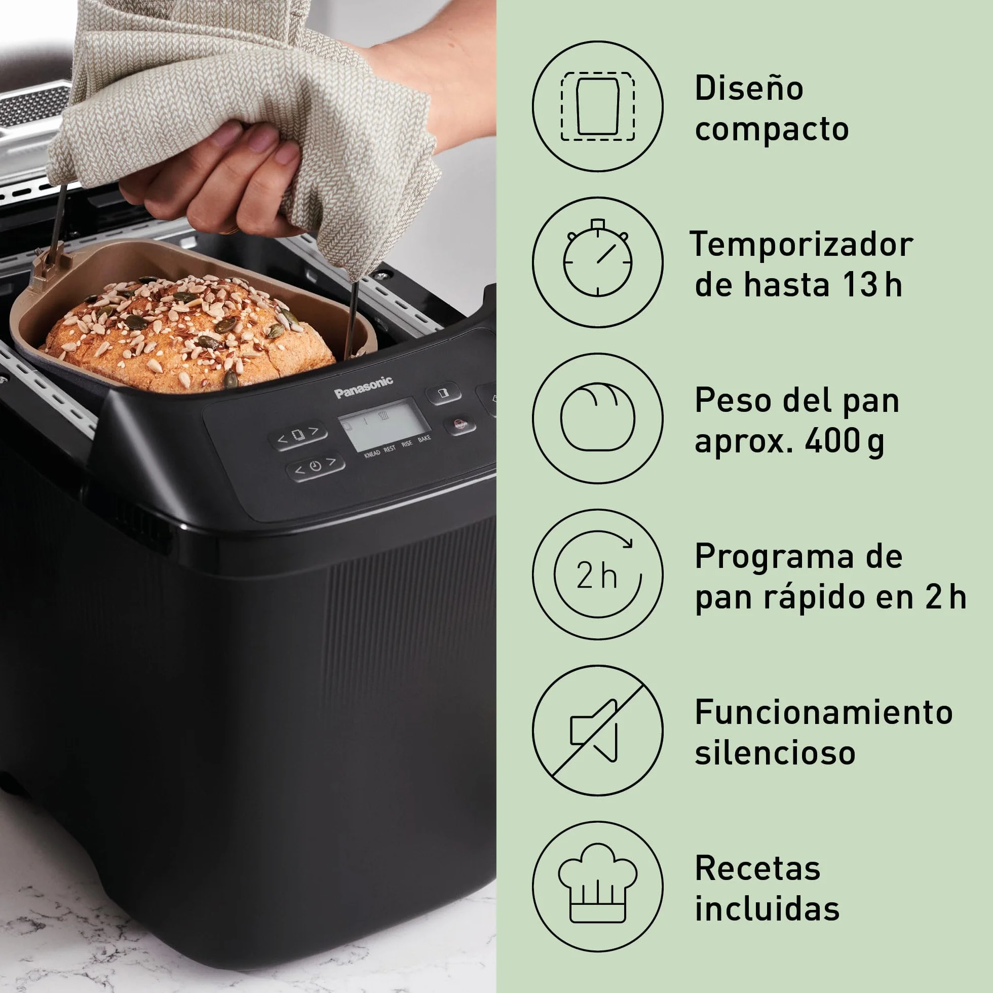 Panasonic SD-PN100KXE Mini Panificadora Automática para Hogares Pequeños, 4 Programas Sin Gluten, Diseño Compacto, 18 Programas Automáticos, Pantalla LCD, Pan Pequeño 200 o 400g, Negro