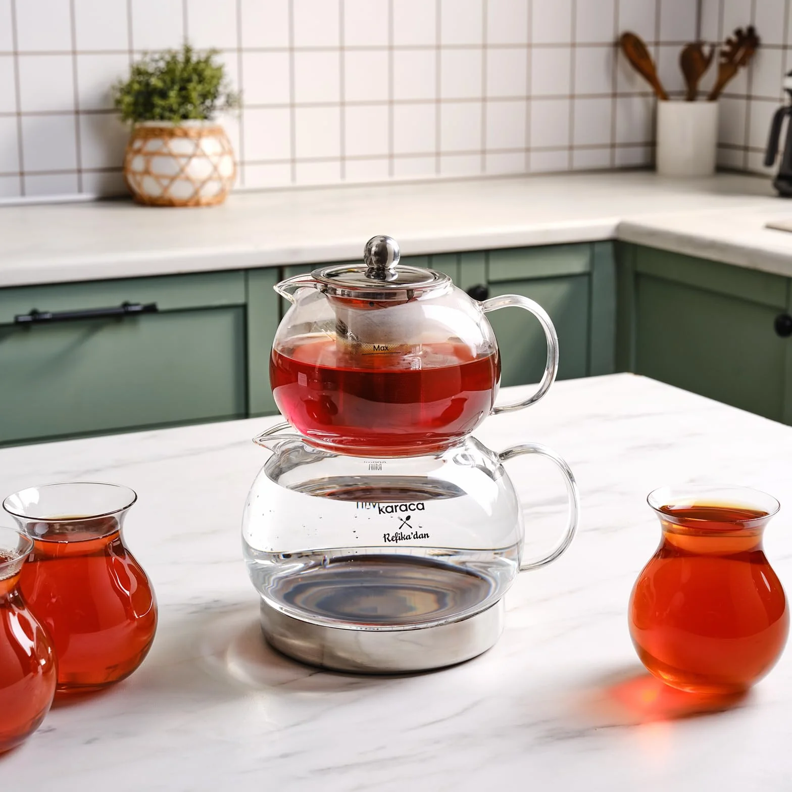 Karaca Refika Juego de Tetera de Cristal de Borosilicato 1,5 L y 0,6 L con Colador de Acero Inoxidable, Caydanlik