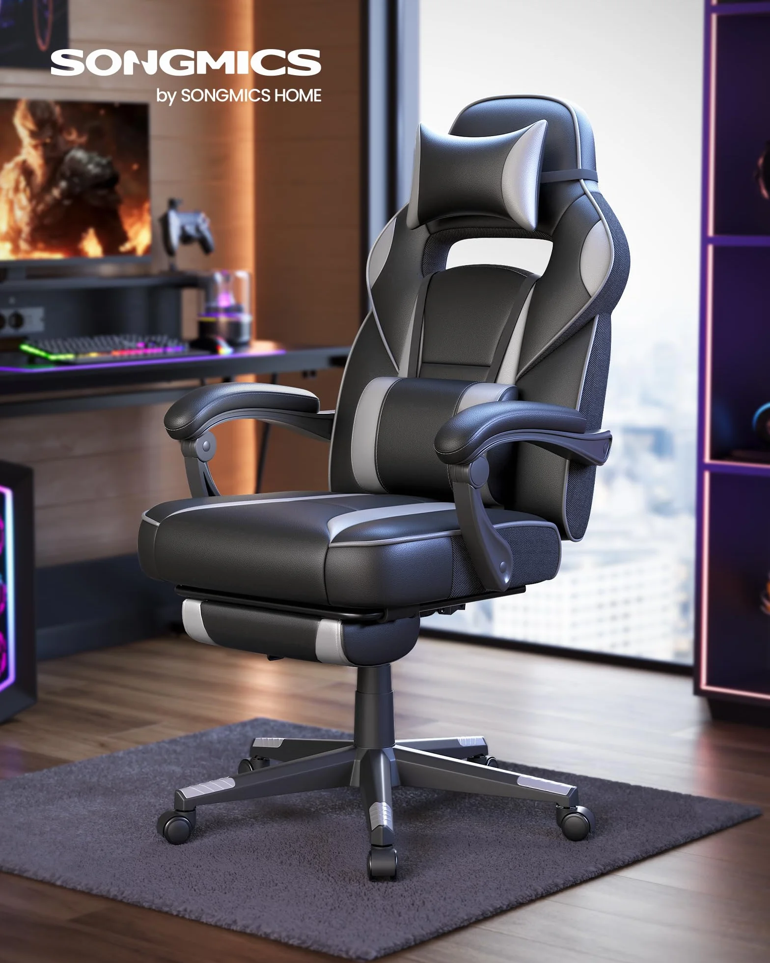 SONGMICS Silla de Oficina, Silla Gaming Ergonómica, con Reposapiés Telescópico, Respaldo Ajustable, Reposacabezas y Soporte Lumbar, Carga de 150 kg, Negro Tinta y Gris Paloma OBG073B03