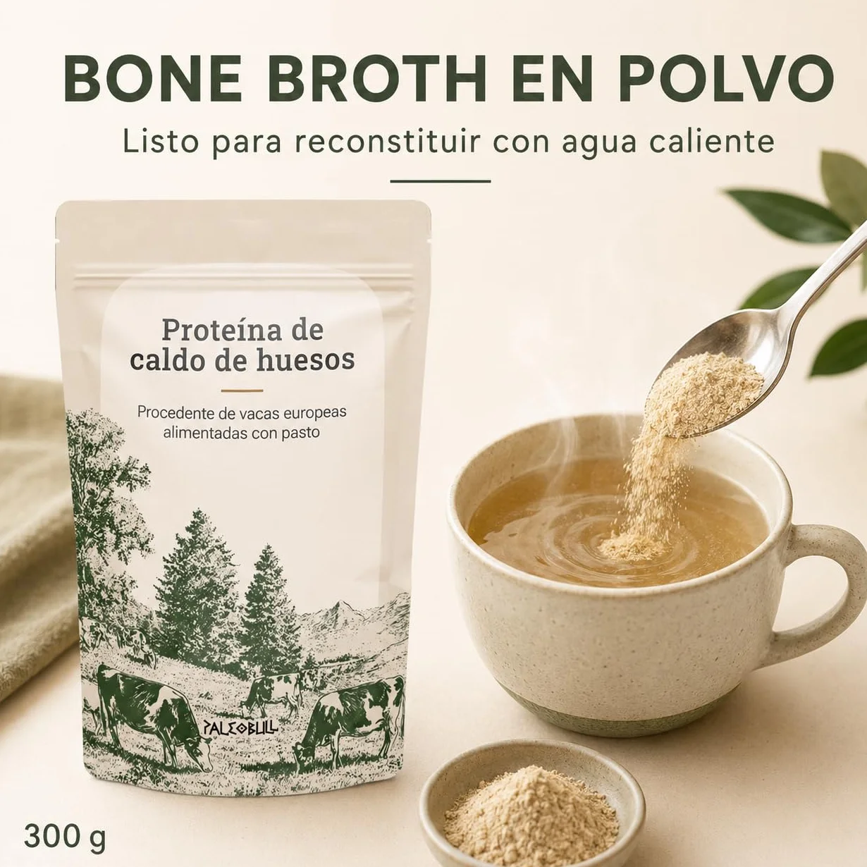 Paleobull Proteína de Caldo de Huesos 300 g, Bone Broth en Polvo de Bovino Alimentado con Pasto