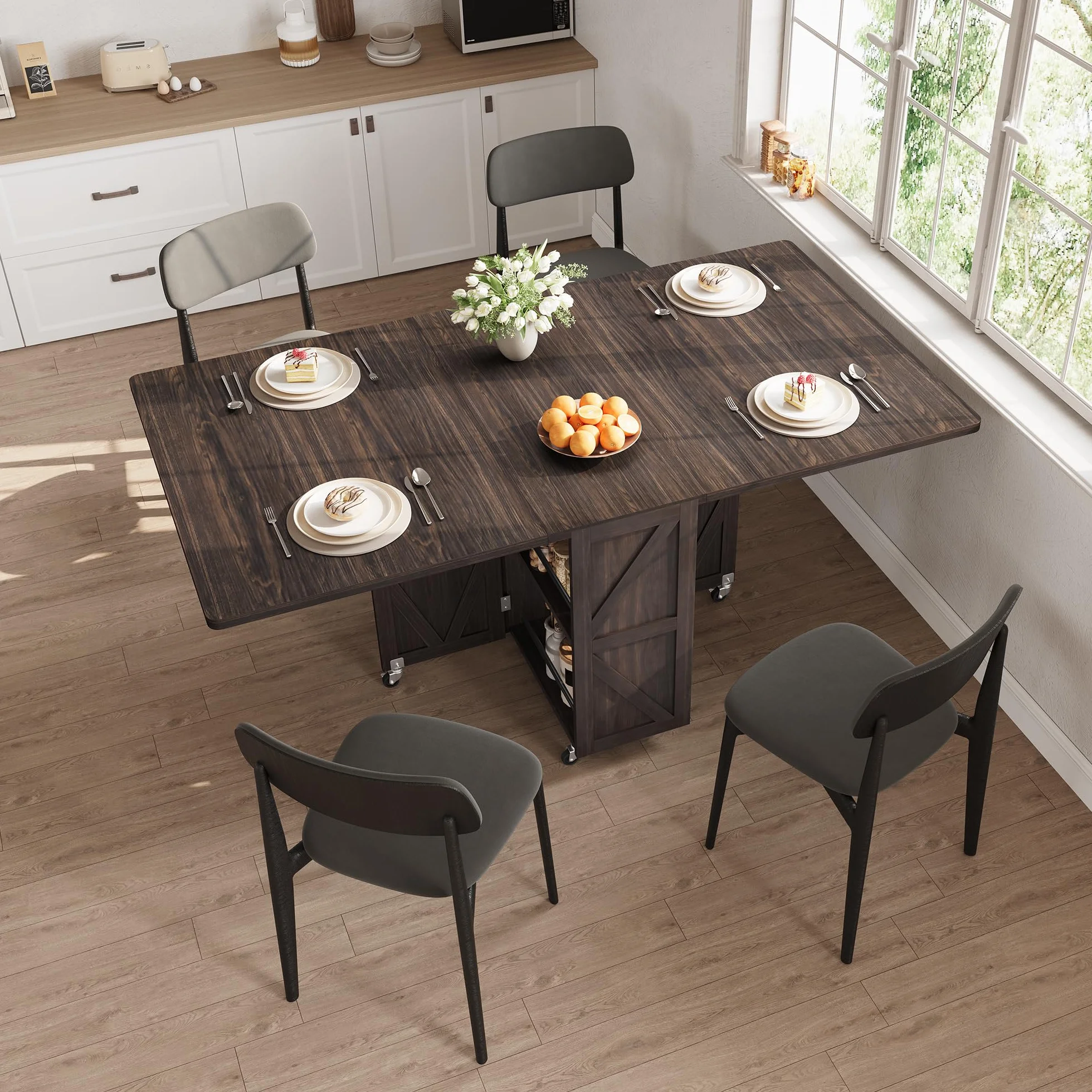 Jocoevol Mesa De Comedor Plegable con Ruedas, Mesa De Cocina con 1 Cajón Y 2 Áreas De Almacenamiento, Adecuada para 2-4 Personnas, para Espacios Pequeños, Comedor Y Cocina (Nogal Oscuro)
