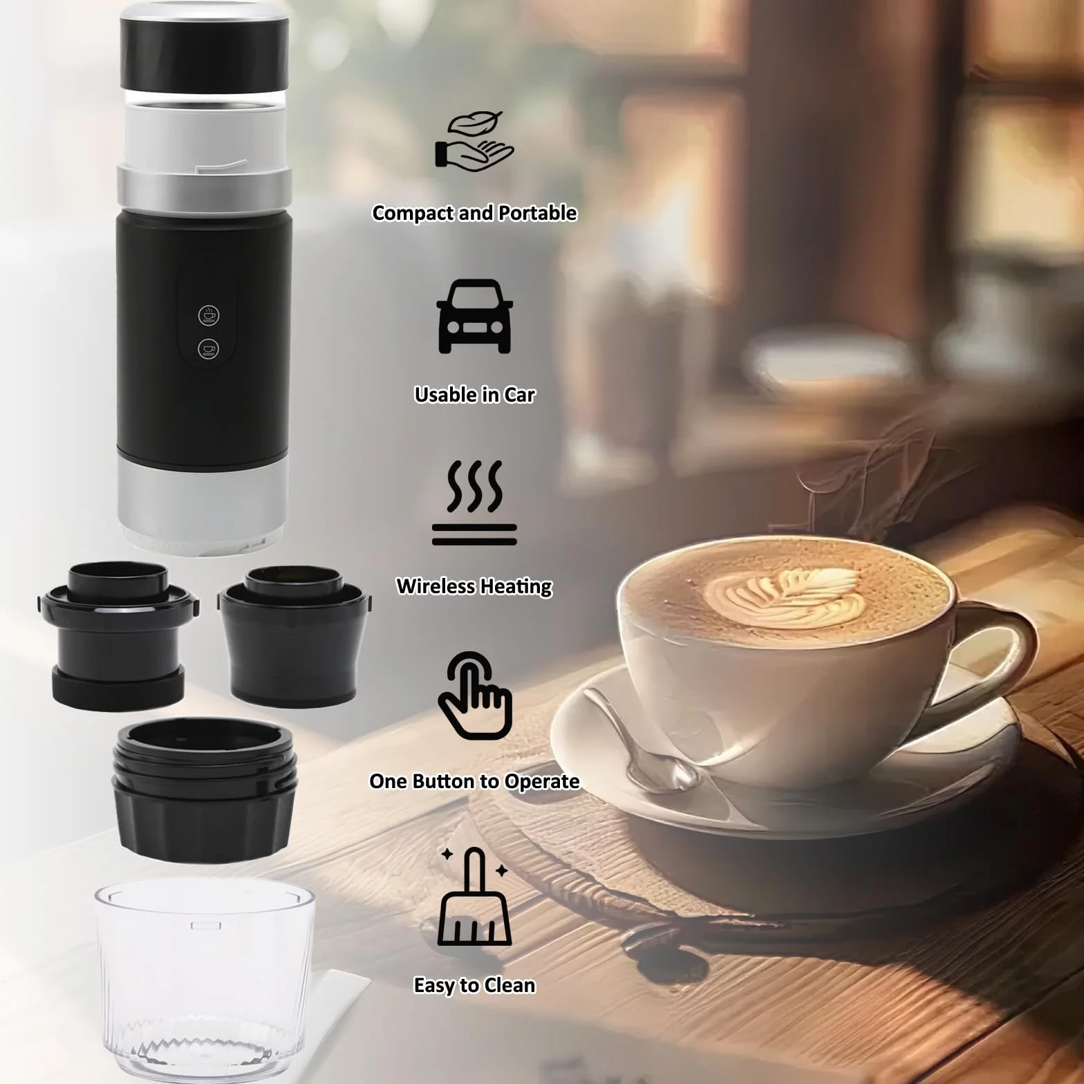 Cafetera Portátil Eléctrica 3 en 1 con USB, Compatible con Cápsulas y Café Molido, para Acampadas y Oficina (Negro)