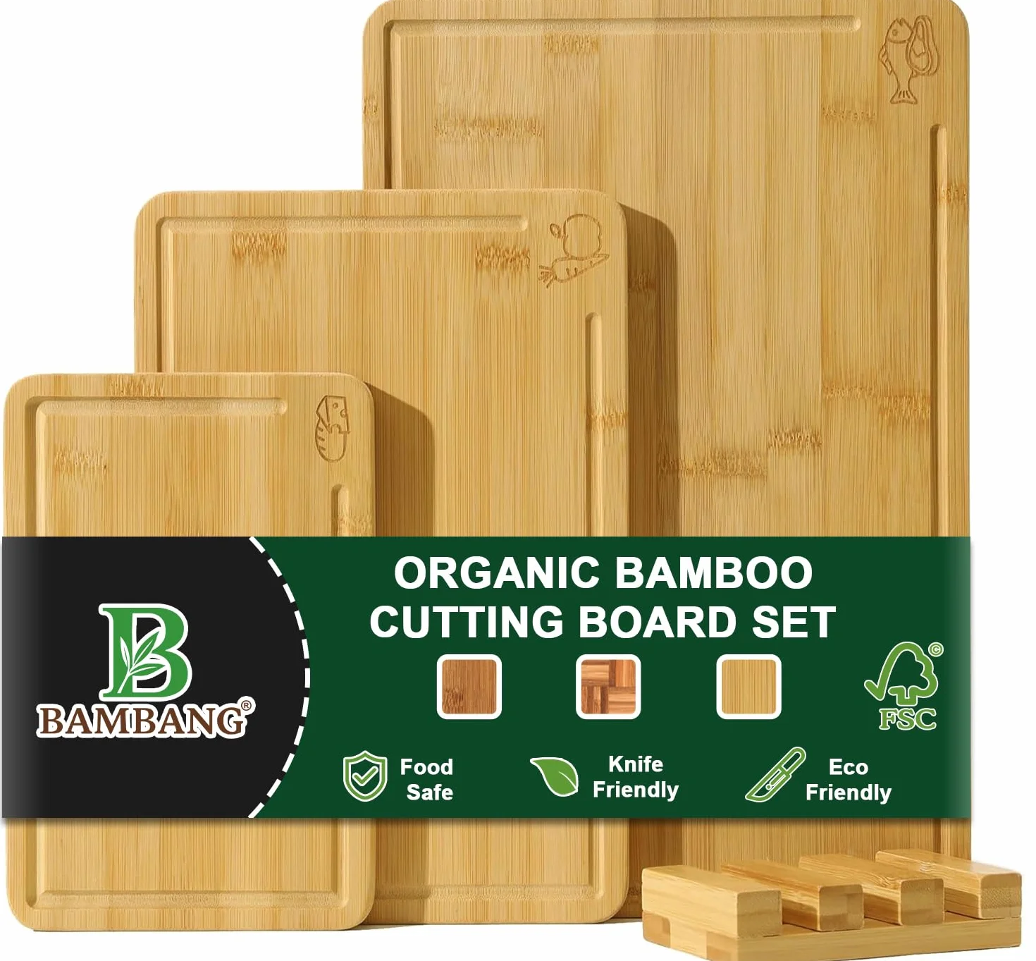 BAMBANG Juego de tablas de cortar de bambú, 3 tablas de cortar de madera para cocina, bloque de carnicero no tóxico con ranura para jugo, tablas de cortar grandes, medianas y pequeñas para carne