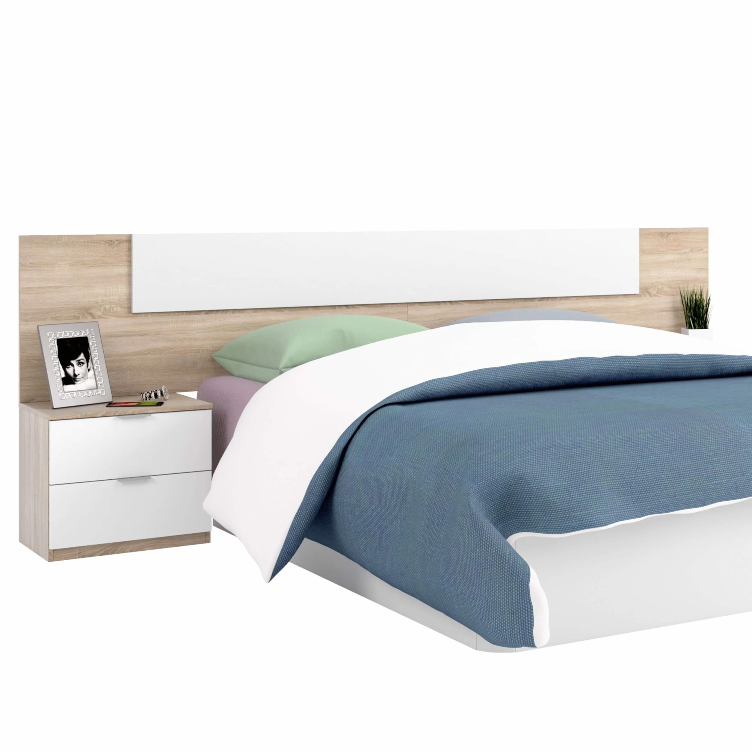Miroytengo Pack Dormitorio Completo Alaya Color Blanco Y Roble para Camas 150 cm (Cama+cabecero+2 Mesitas+Armario+sinfonier)