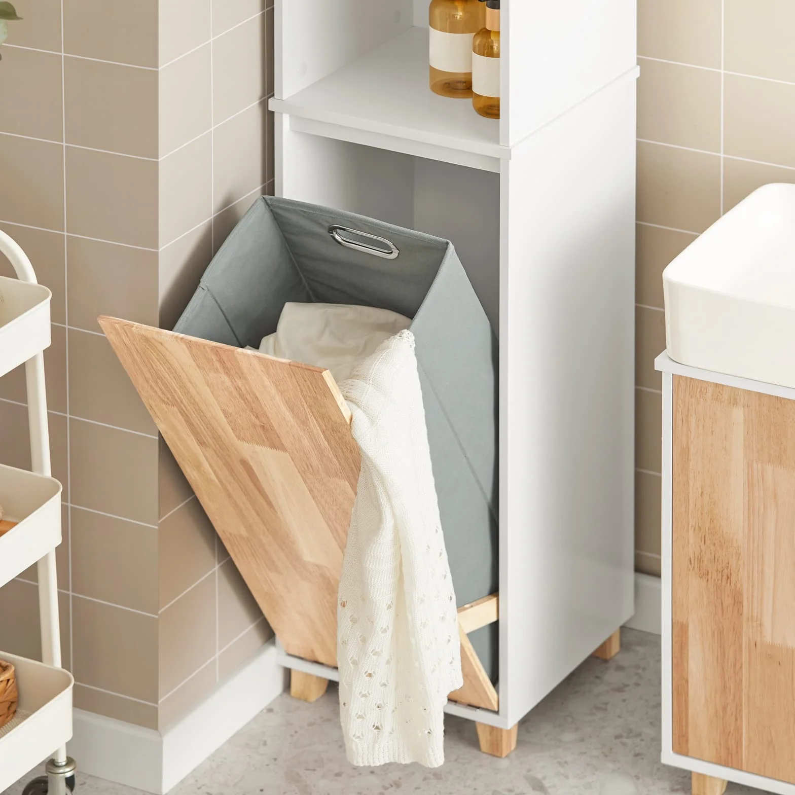 SoBuy Mueble Baño - Armario Baño Alto Cesta Plegable para Ropa Sucia, Mueble Columna Estrecho de Madera Resistente a la Humedad, Blanco, 31x170x32 cm, BZR74-W