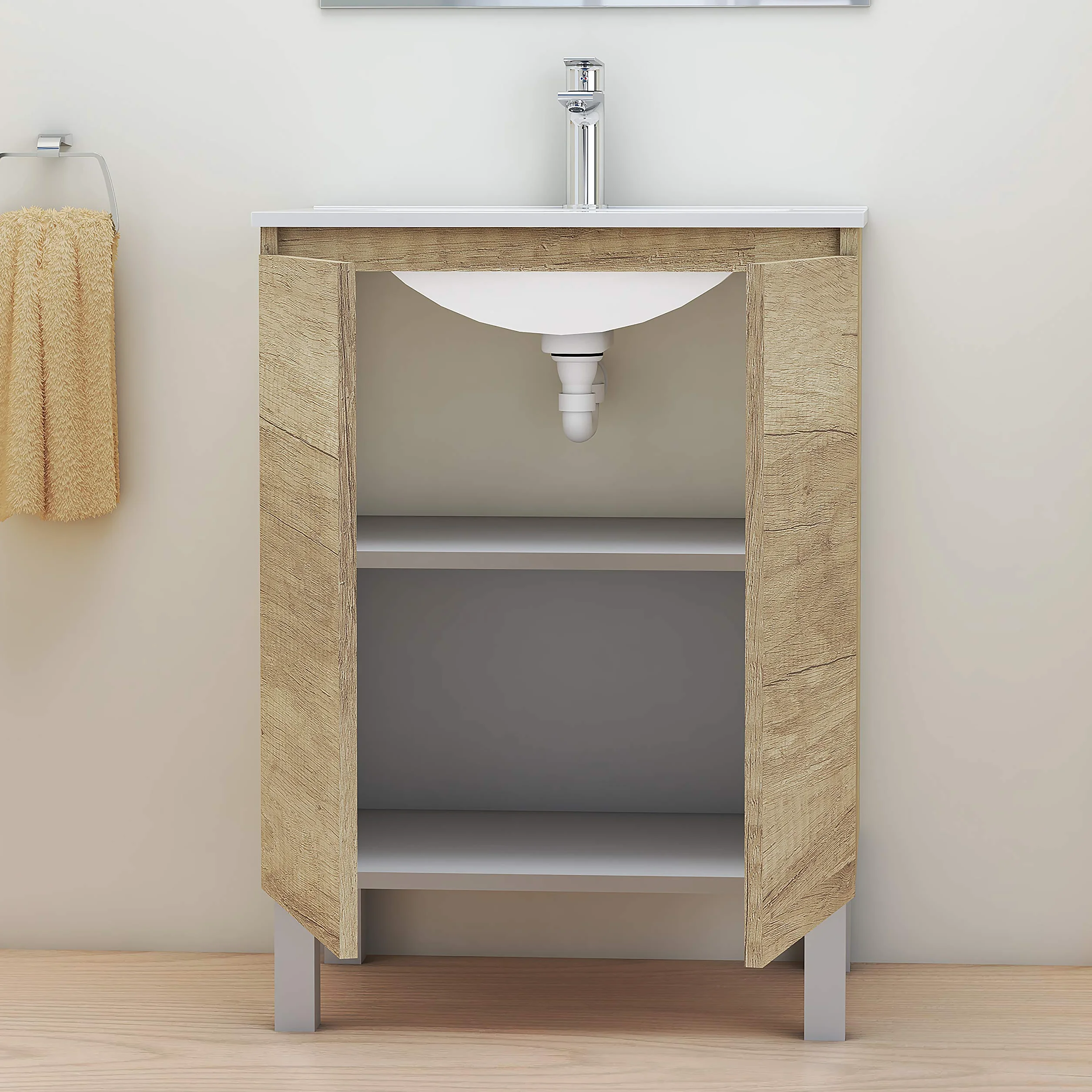 Baikal Conjunto Mueble de Baño con Lavabo y Espejo con Aplique LED con Patas, en Varios Acabados, Melamina 16. 2 Puertas 60 cm Nature