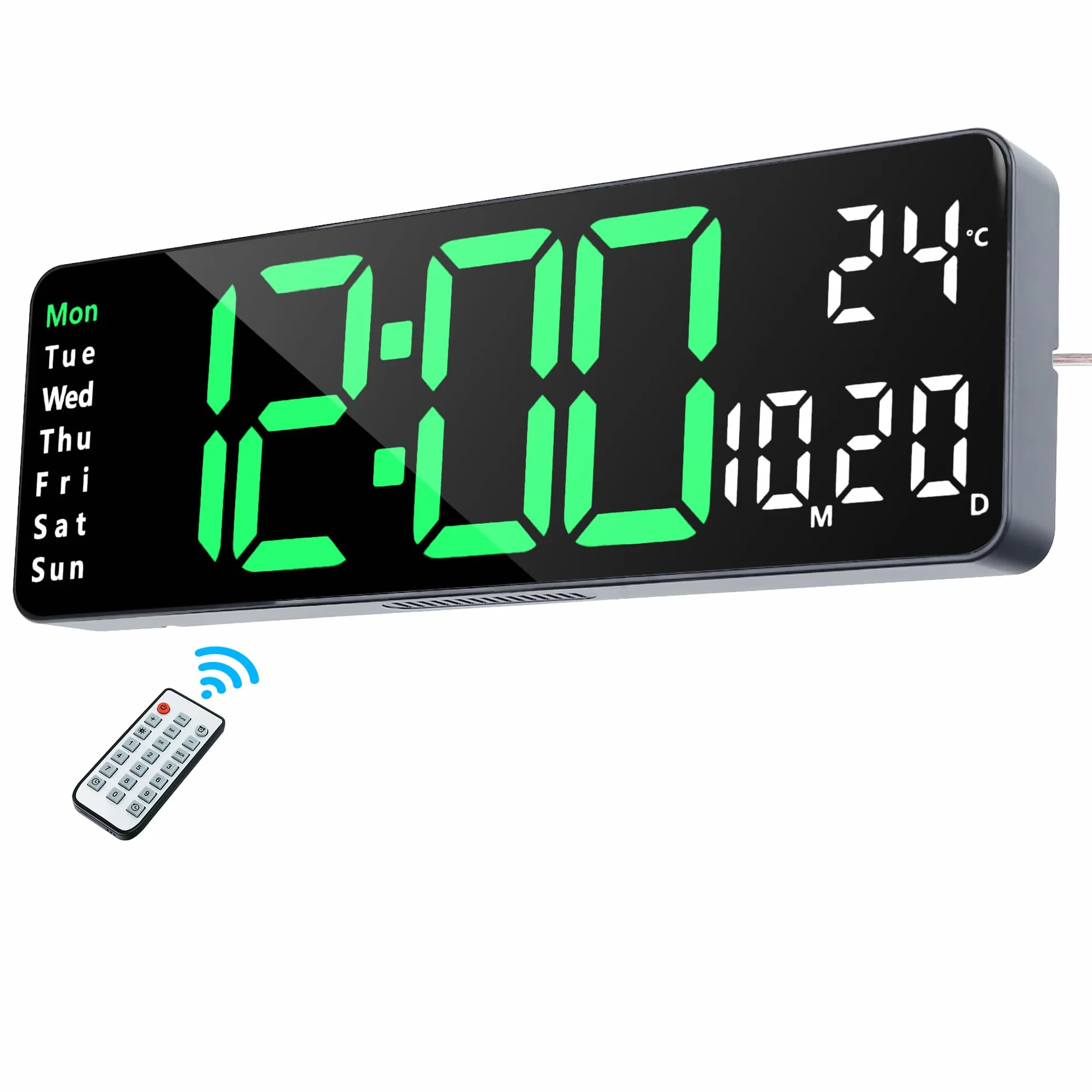 Reloj Digital Pared LED Grande 32cm Silencioso con Control Remoto Temperatura Fecha 2 Alarmas Brillo Ajustable 12/24 Horas Verde
